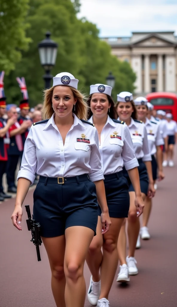 ((best quality)), ((best work)),(( ultra detail)), portrait, wide shooting angle, female majorette, beautiful, , (half ponytail hair), detailed eyes, detailed face, bright face , , sweet smile, dynamic pose, holding a stick, (majorette uniform), cleavage, (short folded skirt), lingier, stockings, big thighs, shoes, background, neatly lined up marching band, streets, crowded, buildings, highly detailed, photo realistic, ((depth of field)), soft lighting, three items in the art station, conceptual art, ((intricate detail)), canon_dslr, hdr, 8k
​