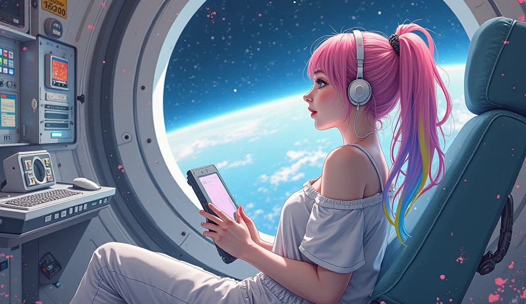 a woman watching TV on the space station, anime style, girl in space, on the space station, anime style, sitting in a spaceship, astronauts relaxing in space, anime style, sitting on a bed, Outside the window is earth, inside the TV futuristic space battle, anime style, spaceship in the background, spaceships fighting in the background --auto