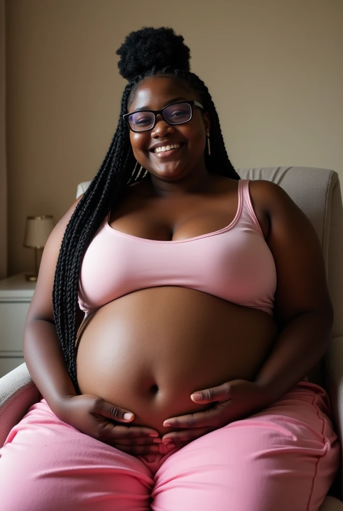 A fat brunette girl with curly hair and big breasts sits with her legs stretched out, taking a realistic photo