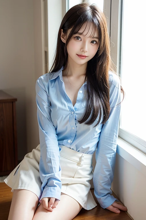 White Office、computer、Mid-length polyester skirt 、Whiteish light blue sheer chiffon blouse、(Highest quality)、((Very detailed))、4K、(8K)、masterpiece、Very detailedな、Highest quality、Super Resolution、1 person、Kind Face、Soft Light、RAW quality、Soft Skin、163cm、30 years old、From the knee up