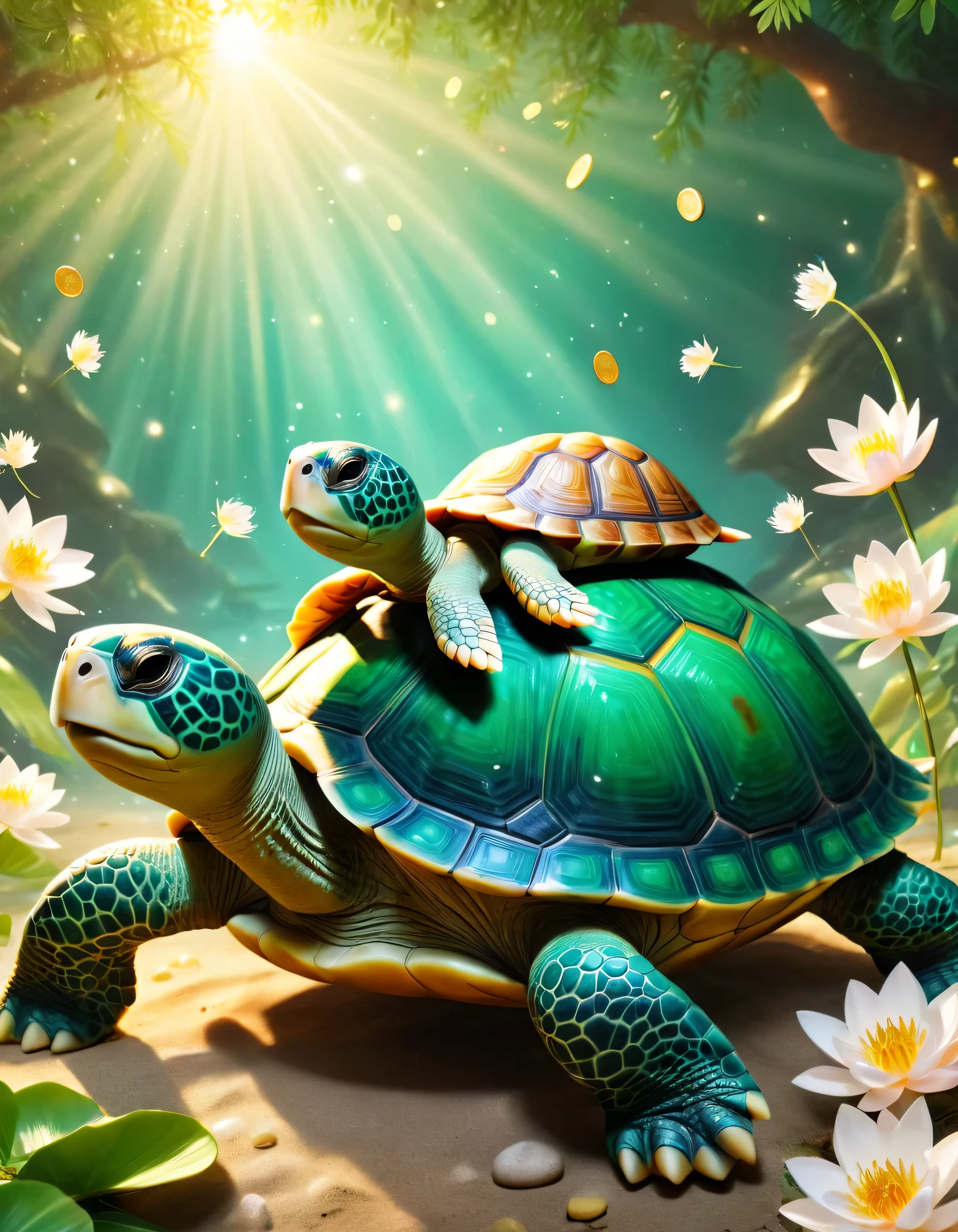 A beautiful, lucky turtle with a shimmering emerald-green shell adorned with golden patterns. The turtle has kind, wise eyes and a gentle smile, exuding a peaceful and auspicious aura. Surrounding the turtle are golden coins, glowing orbs, and delicate lotus flowers, symbolizing prosperity and longevity. The background is mystical and serene, with soft sunlight filtering through a tranquil pond or a magical landscape. The style is semi-realistic with a touch of fantasy, emphasizing the turtle’s elegance and charm.