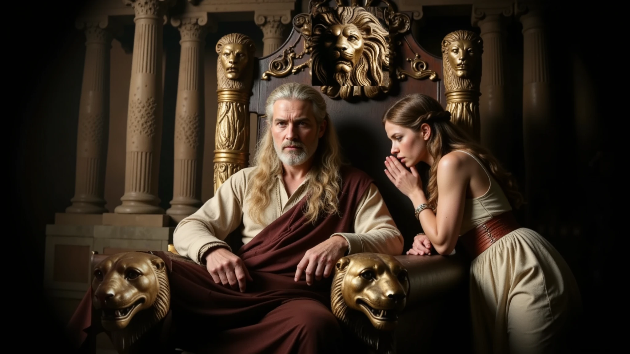 50 years old. Bearded. Long hair. Serious, thoughtful, worried. King Eurystheus, seated on his throne, deep in thought. King Eurystheus is seated on his wooden throne adorned with golden lions, in Ancient Greece. He has white skin, gray hair, and appears to be about forty years old. Beside him is the princess, a young woman of 18 with long, wavy light brown hair, whispering in her father's ear. The scene is depicted in a realistic and epic film style, capturing the grandeur and atmosphere of Ancient Greece.