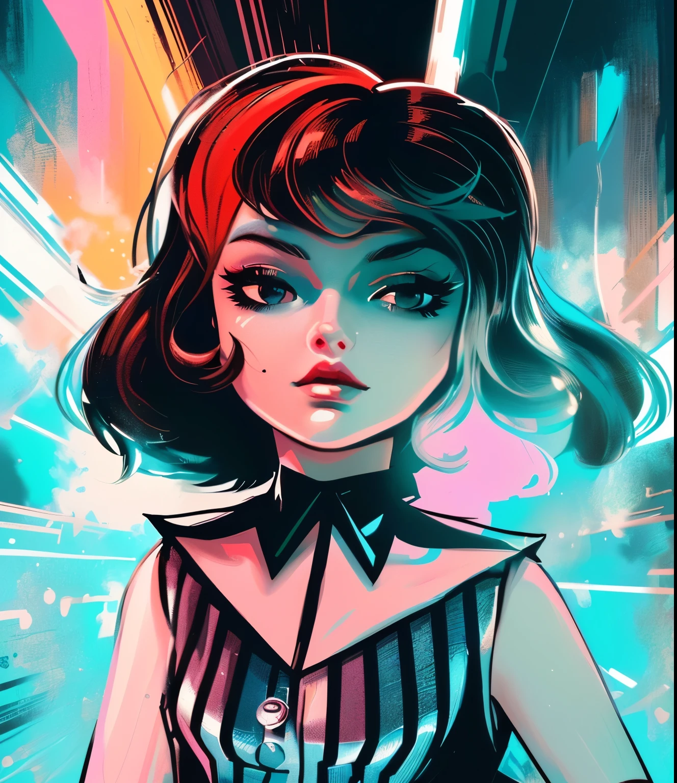 score_9, score_8_up, source_anime, 1girl, solo, InoueYurina, short hair, bob cut, cowboy shot, nightclub, neon lights, bokeh, depth of field, makeup, leather jacket, turtleneck, high waist pants,