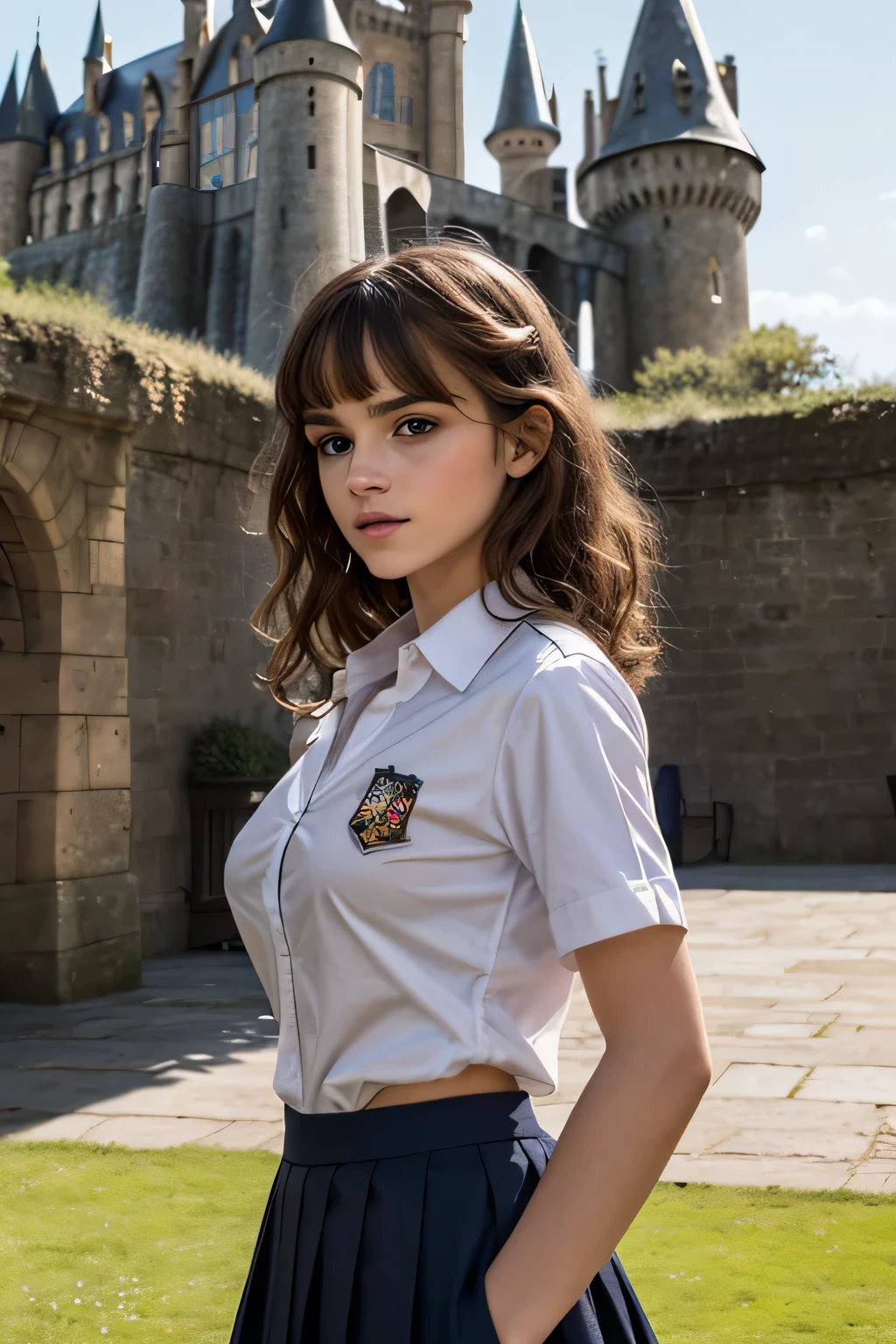 Gorgeous european woman with curly hair, bushy hair with bangs, thick hair, shoulder length hair, shiny hair, streaked blonde hair, skinny, thin waist, Emma Watson in cute clothes, small breasts, (wearing a a long black traveling cloke over a school uniform), (glossy lips, focus on breasts:1.2), in the middle of a courtyard, (British castle background, Hogwarts Castle), (extremely detailed 8k wallpaper)