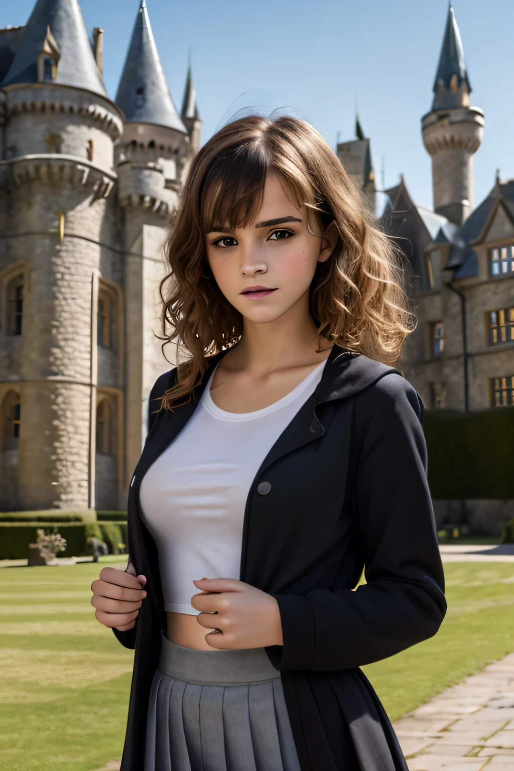 Gorgeous european woman with curly hair, bushy hair with bangs, thick hair, shoulder length hair, shiny hair, streaked blonde hair, skinny, thin waist, Emma Watson in cute clothes, small breasts, (wearing a a long black traveling cloke over a school uniform), (glossy lips, focus on breasts:1.2), in the middle of a courtyard, (British castle background, Hogwarts Castle), (extremely detailed 8k wallpaper)