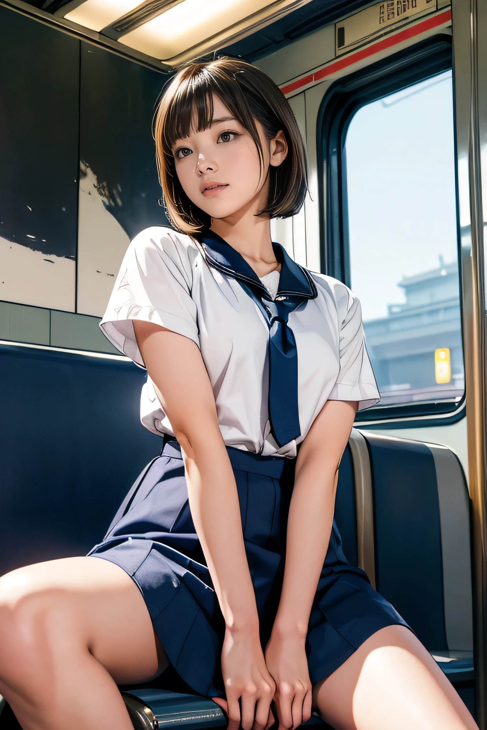 High-definition images, atmospheric perspective, 8K, Super detailed, Accurate, highest quality,
1 girl, alone, chest, looking at the viewer, (look at the audience,:1.5),
brown hair, brown eyes, parted lips, smile slightly、underwear, panties, (japanese school uniform),
(navy blue mini skirt), (sit on a train seat:1.5), (spread your legs to the side:1.4)、underwear, panties, parted lips,
lips, (navy blue skirt), full body shot, (((spread your legs, crossed arms))), showing sexy 、(whiteの panties:1.5), realistic ,
(white, collared shirt, ribbon tie),
(Do not expose your upper body:1.5),((Ceiling from below:1.2))、((from below:1.38))、
(turn your body toward the viewer:1.5) , (from below, look up:1.5), ((15 year old Japanese girl, short bob))