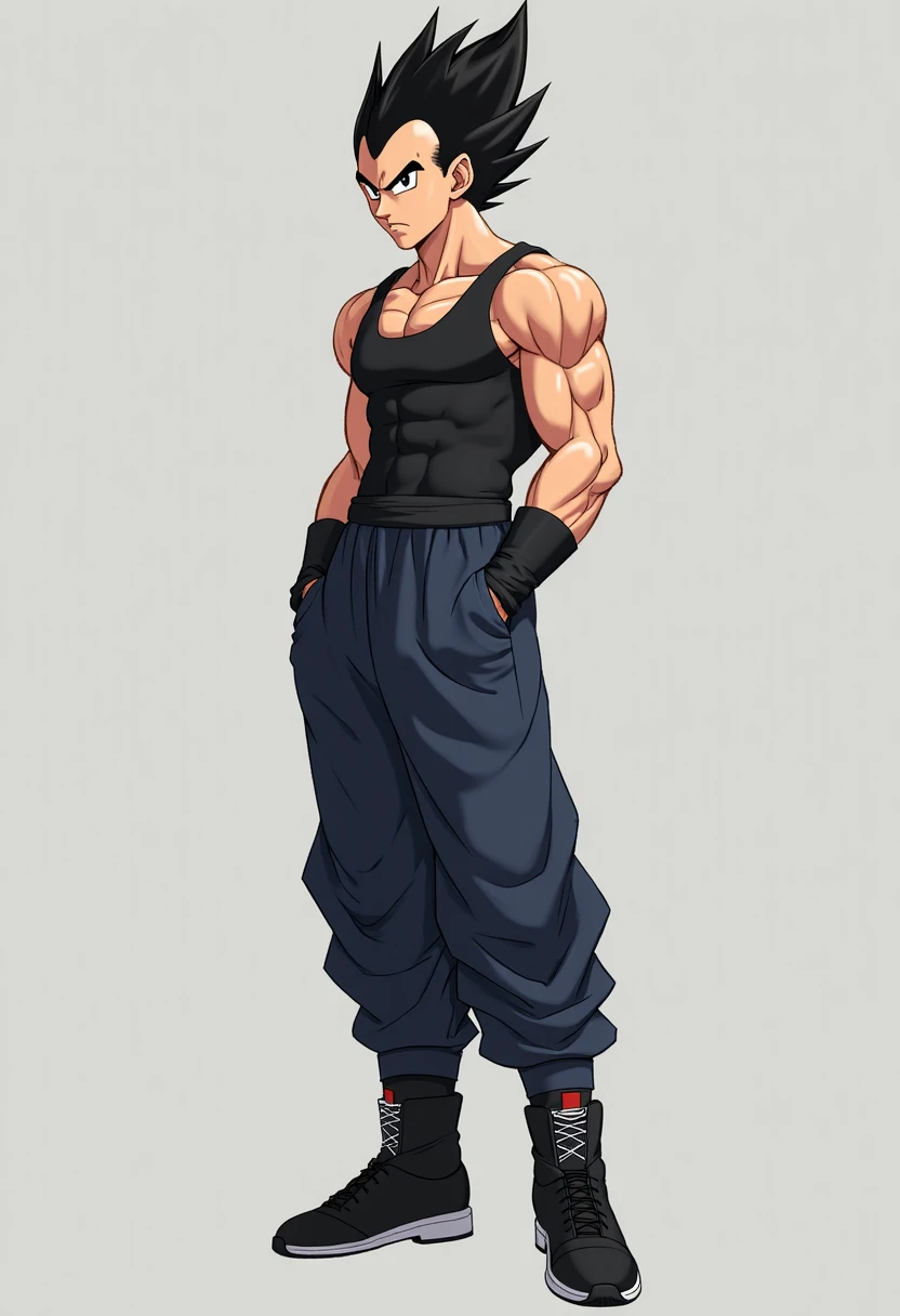 Red eyes, Hisoka's eyes, red hair, Hisoka hair, brown skin, Lots of muscles, Black tank top, brown pants, white flip flops, flip flops on feet, long smile, smile showing teeth, psychopathic smile, Perfect anatomy, camera showing the whole body.