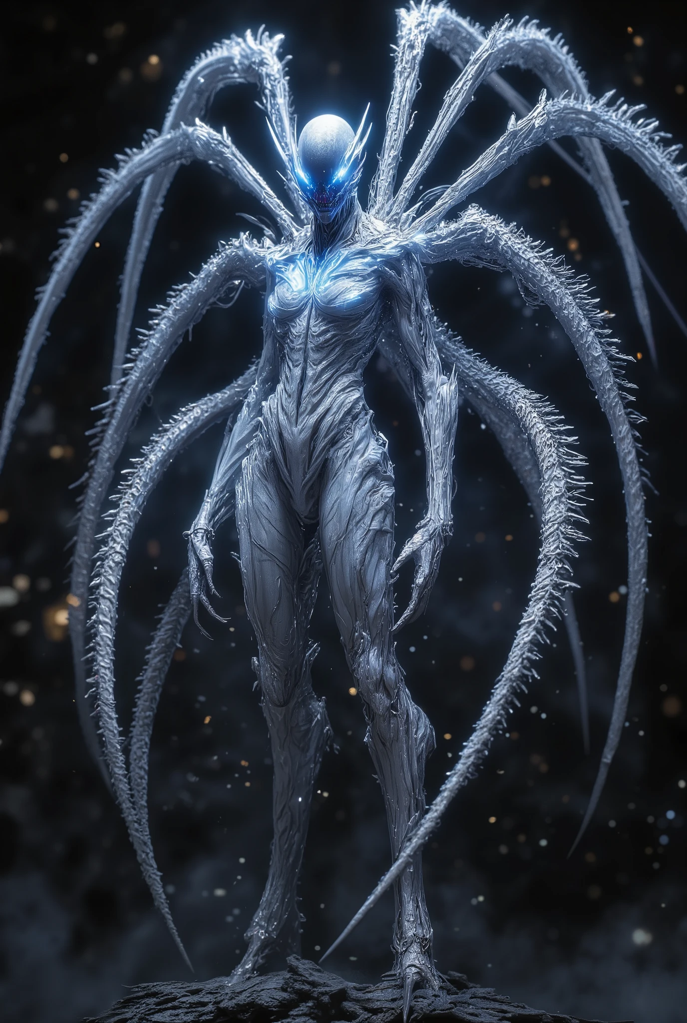 best quality,4k,8k,highres,masterpiece:1.2),ultra-detailed,realistic,photorealistic:1.37,this creature, a terrifying fusion of spider and human female with six arms, embodies a grotesque harmony of two distinct forms. Its upper body retains the unmistakable features of a woman, albeit distorted by the merging process. its eyes gleam with a sinister intelligence, more arachnid than human. (no hair, white skin:1.3), From the torso sprout four additional limbs, elongated and jointed like a spider's, yet retaining a disturbingly human fleshiness. These arms are equipped with fingers that end in sharp, chitinous claws, capable of rending flesh with ease. The lower body is a fusion of spider and human anatomy, with the abdomen stretching out behind like that of a monstrous arachnid. Jagged spines protrude from its exoskeleton, each one a reminder of its unnatural origins. The legs, a grotesque combination of human thighs and spider's hairy appendages, provide both agility and strength, enabling it to skitter across surfaces with alarming speed and grace. In its presence, one cannot help but feel a primal fear, as if staring into the abyss where human and arachnid merge to create a nightmare incarnate.neon colors