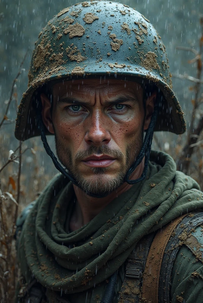 Wounded soldier, eye patch, on the battlefield