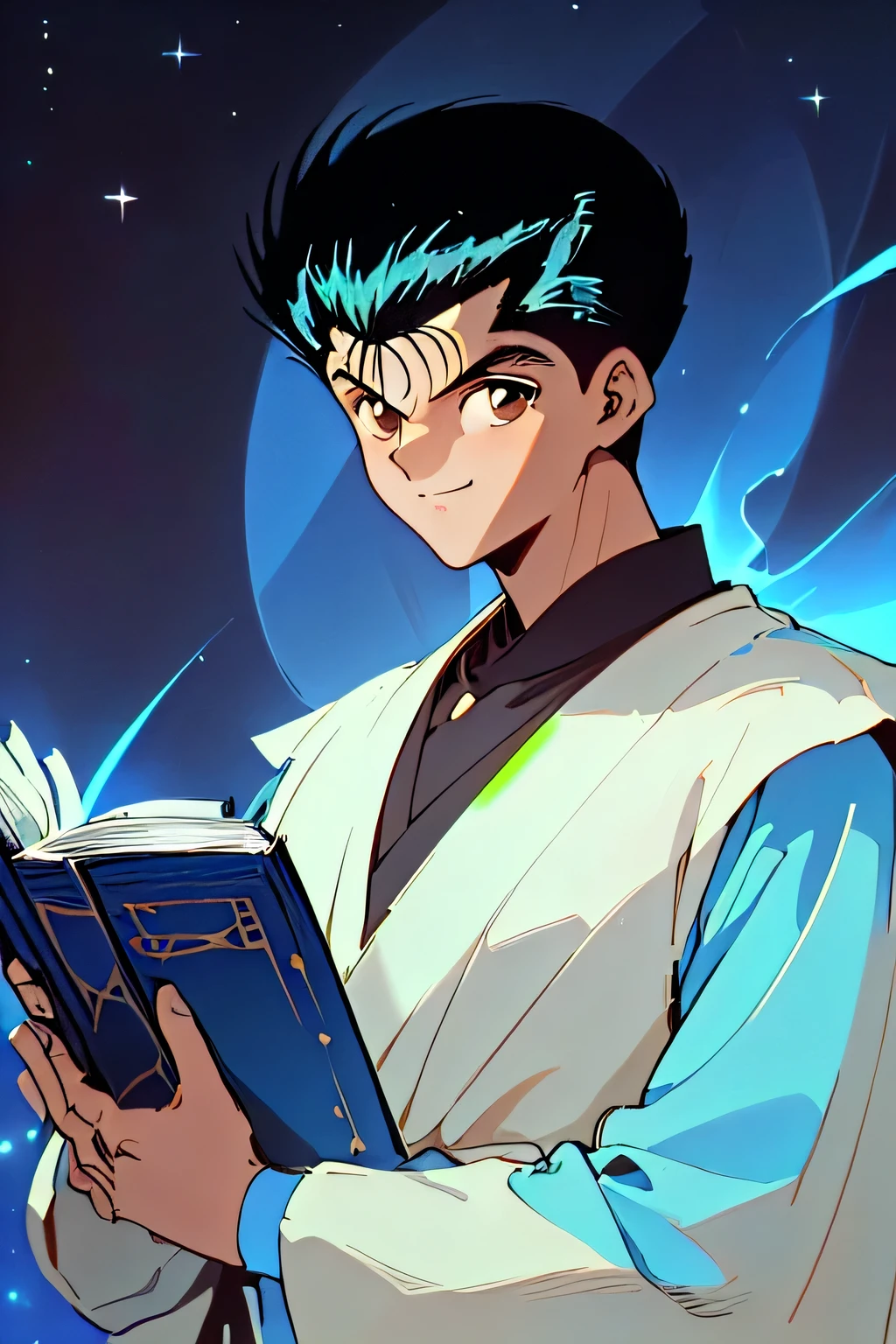 masterpiece, , incredible quality, best aesthetics, absurdities , official style, look at the viewer , Yusuke_Urameshi_Ep, black hair , brown eyes , (1 boy ), upper body, ((sand desert, ( wearing white Jewish clothing , ( happy face, blue aura around his body, Huge book in your hands.( masterpiece), retrato em close de um man, (man), 20 years, (1 boy), Alone, Serious, partial side view , man muito bonito, (( brown eyes bem grandes), wearing simple clothes , Looking to infinity , night sky background , cinematographic lighting, read the scriptures, The book has a blue light, His body has an aura of blue light.