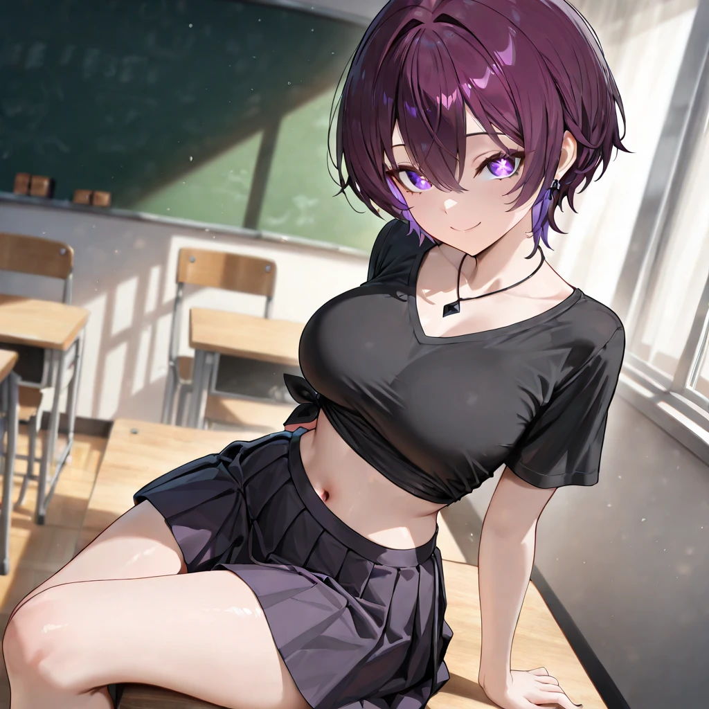 (1girl, solo), best quality, masterpiece, (leaning over:1.4), 1girl, yuzuriha_(jigokuraku), purple hair, brown eyes, cleavage, small breasts, topknot, medium hair, breasts apart, seductive smile, (blush:1.1), japanese exterior, classroom, beautiful pose, (school outfit), (perfect fingers, perfect hands)