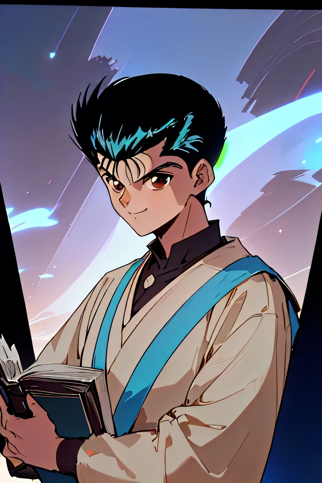 masterpiece, , incredible quality, best aesthetics, absurdities , official style, look at the viewer , Yusuke_Urameshi_Ep, black hair , brown eyes , (1 boy ), upper body, ((sand desert, ( wearing white Jewish clothing , ( happy face, blue aura around his body, Huge book in your hands.( masterpiece), retrato em close de um man, (man), 20 years, (1 boy), Alone, Serious, partial side view , man muito bonito, (( brown eyes bem grandes), wearing simple clothes , Looking to infinity , night sky background , cinematographic lighting, read the scriptures, The book has a blue light, His body has an aura of blue light.