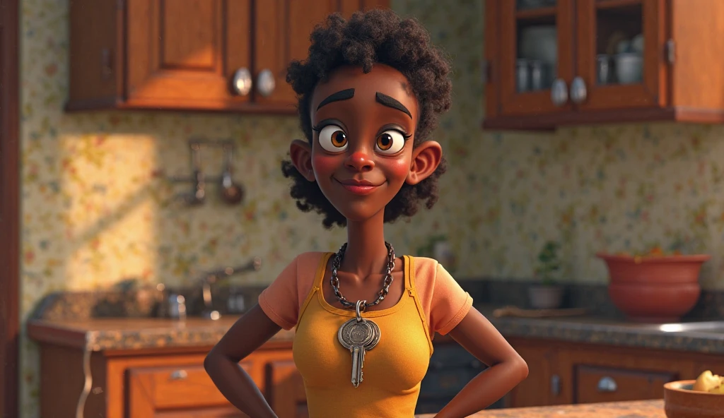 Estilo Disney pixar obra-prima, melhor qualidade, Miscellaneous office meeting conference room: Successful Black Woman Executive Director Presents Accounting Growth Statistics, Financial Analysis, wears white sneakers, 40 anos, Very short curly curly hair being Wonder Woman