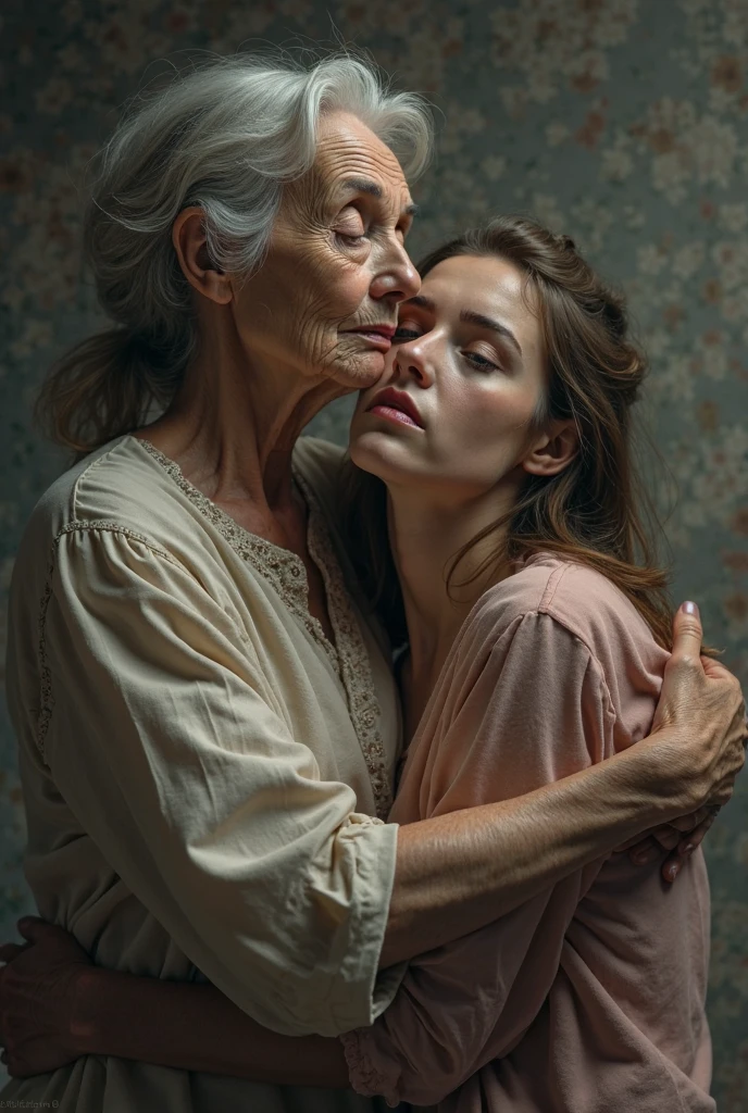 A very beautiful girl is standing, and a very old and poor woman is sitting beside her, both looking sad.