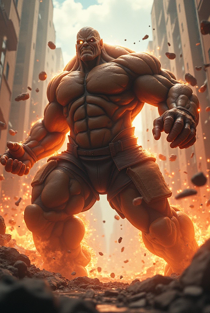 Top image quality, masutepiece, 超A high resolution, 
A giant stone statue is rampaging, brandishing a club, a stone statue of a large man, muscular, wearing only underwear, angry expression, destroying buildings, stone statue color brown, made of rocks