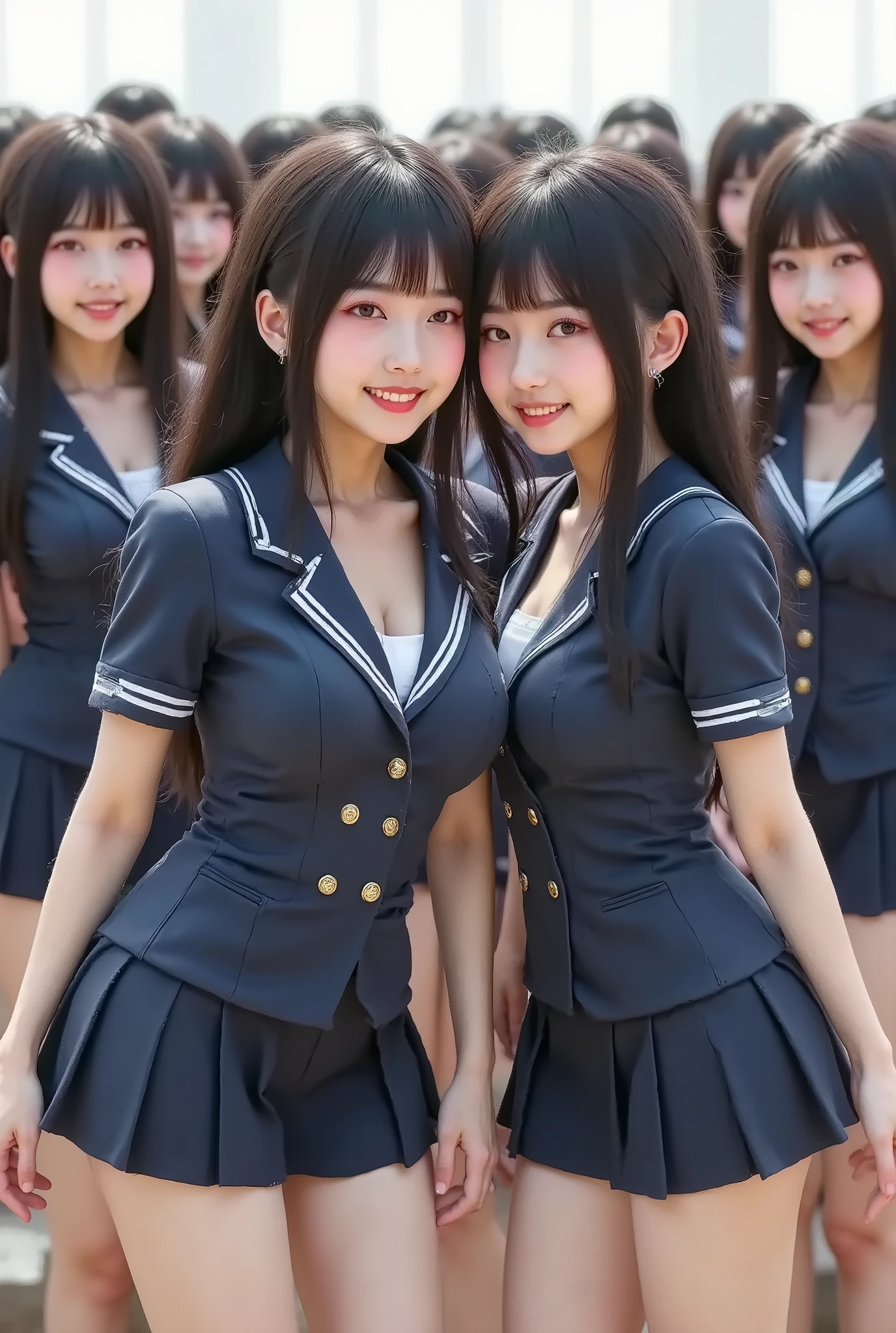 (((Myself = Japanese Beautiful Super Clone multiply girls, Super Real photorealistic))), (Super Best masterpiece, Raw Photography Art), (16k, best image quality, super high resolution), ( very unrealistic , immeasurably unprecedented shocking and overwhelming depiction ), (((Depiction of Myself Only's Cloning Girls filling the world with a large crowd))), (((Myself cloning girls Only))), (((((Myself's loves each other and has fun with hugs and kisses))))) (((((Myself clone girls proliferate massively with the same perfect appearance without any differences, Very Detailed Myself The appearance of each woman who has proliferated in large numbers is indistinguishable perfectly))))), (Xiaoyan, Thick black hair, semi-long hair), (Japanese high school uniform for girls, Short mini skirt), (mature face, Cute smiling expression , Smiles are the best!), (( very detailed, beautiful and accurate super busty girl , very amazing plump big boobs very big breast bulge, Amazing emphasis on cleavage )), ( Details that can be clearly seen from afar , Very detailed and accurate1Point perspective drawing, Ultra-wide field of view, Super wide view, No need for a center subject)