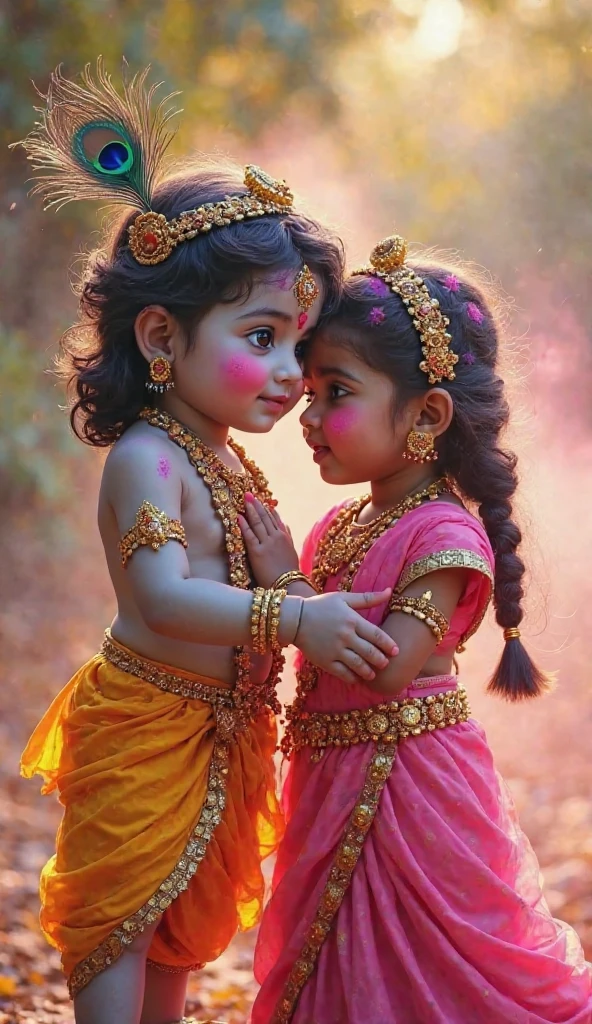 Goddess Radha and Lord Krishna as s playing in the garden , Indian God, 8K render, facing towards the viewers