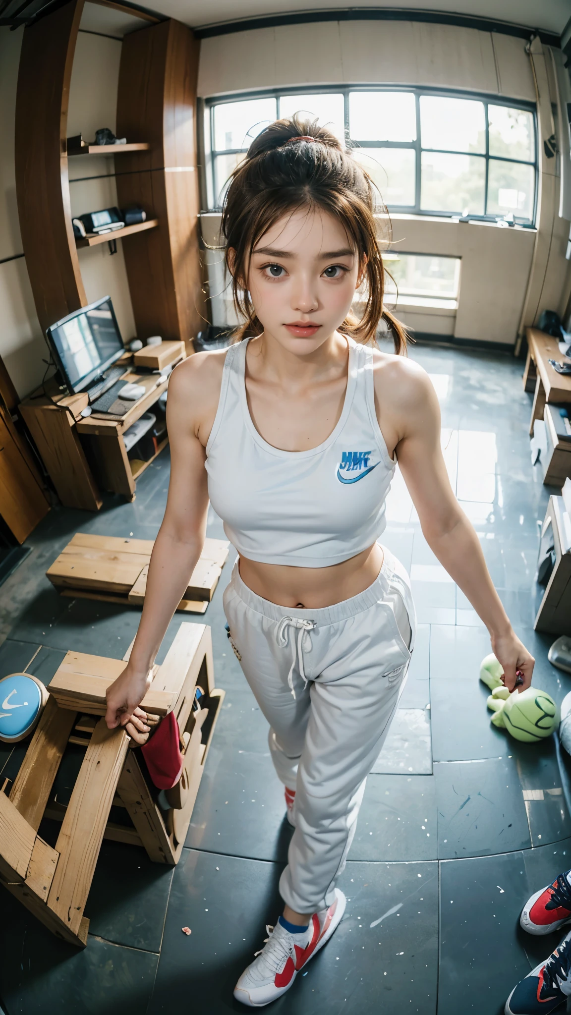 European girl with brown hair, blue eyes, long hair, beautiful face, pale face, beautifully styled hair, thin lips, rosy cheeks, standing in the gym, blue sports top, high ponytail on her head, grey trouser, smiling