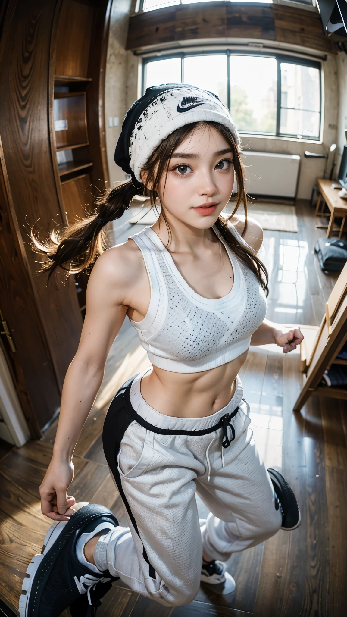(Solo), (a detailed full-body RAW photo of a girl), (Masterpiece:1.0), (Best quality:1.4), (超高分辨率:1.2), (Photorealistic:1.4), 8K resolution, a Canon EOS R5, 50 millimeters, absurderes, Ultra detailed, (14岁), Sharp focus, Cinematic lighting, Detailed beautiful face, (Makeup:1.2), (ulzang-6500-v1.1), Petite figure, Detailed skin texture, Pale skin, Flat chest, (skinny and fit body:1.3), thigh gap, Detailed brown hair,  sweltering,(Very messy hair:1.5), (Avril Lavigne:0.7), Smiling, (Sports bra, Sports leggings:1.4), realistic glittering skin, (Bedroom:1), (Carmelto:1.3), (full of sweat:1.45), Slim waist, Seductive smile,sport,Black gold tone