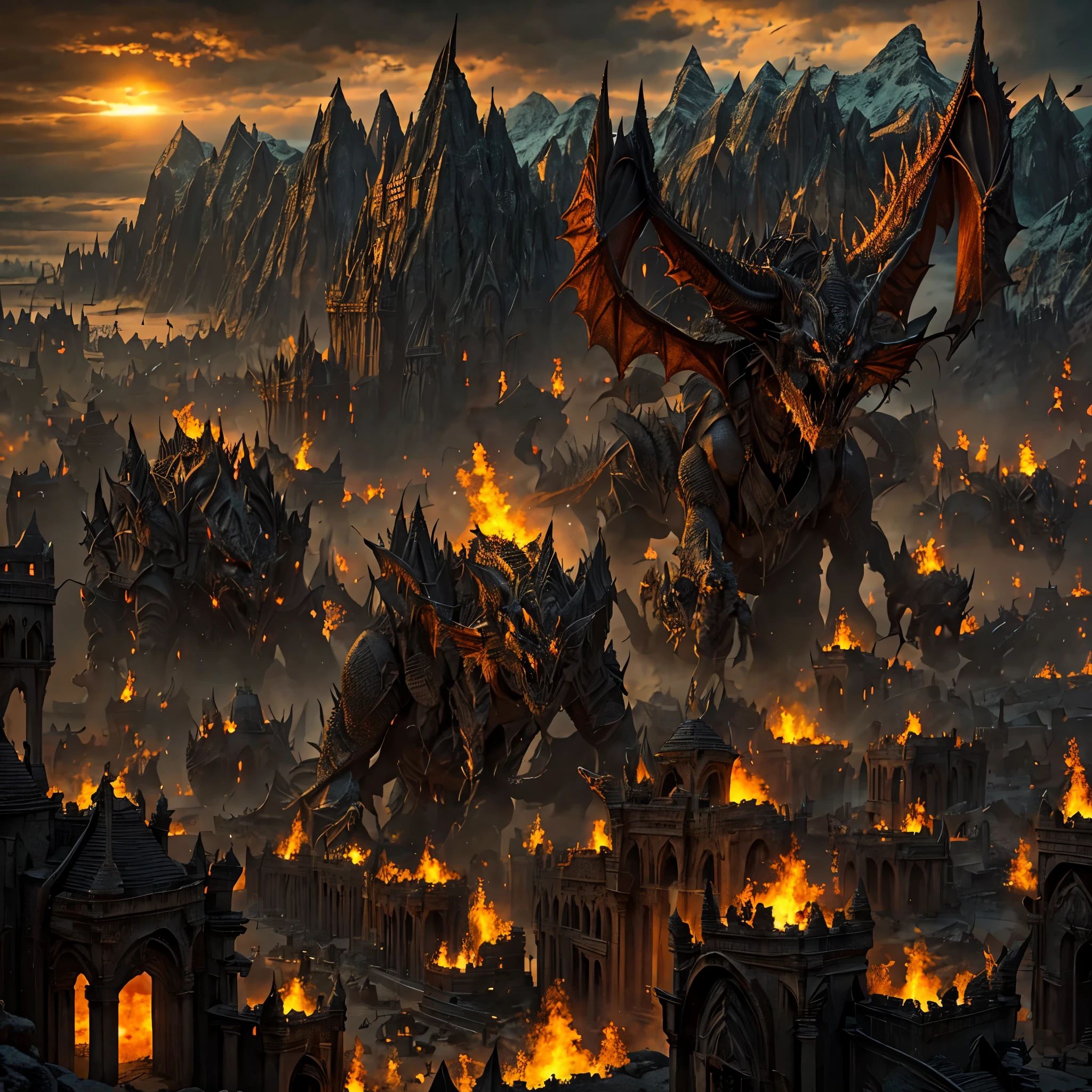 A huge army is marching towards the dark sun, with many dragons flying. The dark and massive mountain landscape provides the backdrop for the huge armored army marching in formation. Many soldiers appear in dark medieval style armor with colorful cloaks. The composition is panoramic, epic, with emphasis on the central procession with a powerful and dramatic perspective. The sky is filled with bats of different sizes and shapes, creating a threatening atmosphere. The sun is a bright and powerful sphere, with visible flare. The color scheme is soft, with soft browns, grays and oranges as the main colors. The light is dramatic, creating long shadows from the soldiers and the terrain. The textures of the armor and mountains represent different materials and textures. The atmosphere is scary and terrifying, with many bats, dark areas and powerful light sources suggesting an impending doom or epic battle.