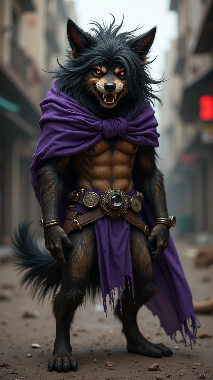 He is a furry wolf with bright dull purple fur with a crown, a spiked collar and a five-pointed star of Satan in the middle and fluorescent green eyes and with an elegant suit and a black nose, spikes on the shoulders and with a white star on the tail and with power kawaii shapeshifter. touching