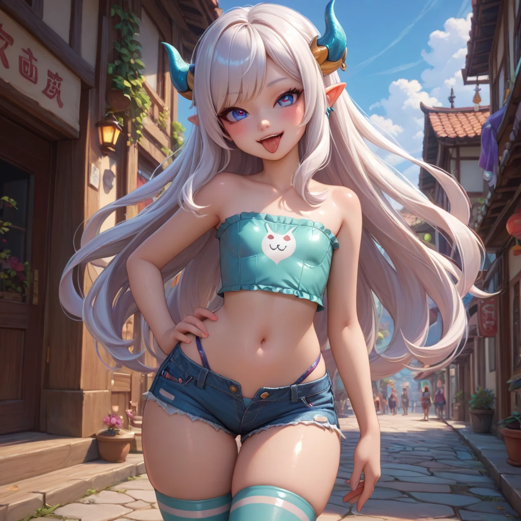 (masterpiece, best quality, best shadows), absurdres, (1girl:1.1), 20yo, looking at viewer, BREAK, very seductive smile, (black hair:1.1), (low twintails, sidelocks, blunt bangs:1.2), (golden horns:1.1), pointy ears, (glowing [pink|red] eyes:1.35), (sharp fangs:1.2), (thick eyebrows:0.9), (red eyeliner:1.2), head tilt, BREAK, (naked overalls:1.2), (medium breasts), cleavage, earrings, ear piercings, (tight short shorts), thigh gap, (sneakers), BREAK, (outdoors:1.3), cityscape, night sky, (sitting on the sidewalk), legs apart, (chiaroscuro:1.3), <lora:add_detail:0.7>, <lora:improve_backgrounds:1>,