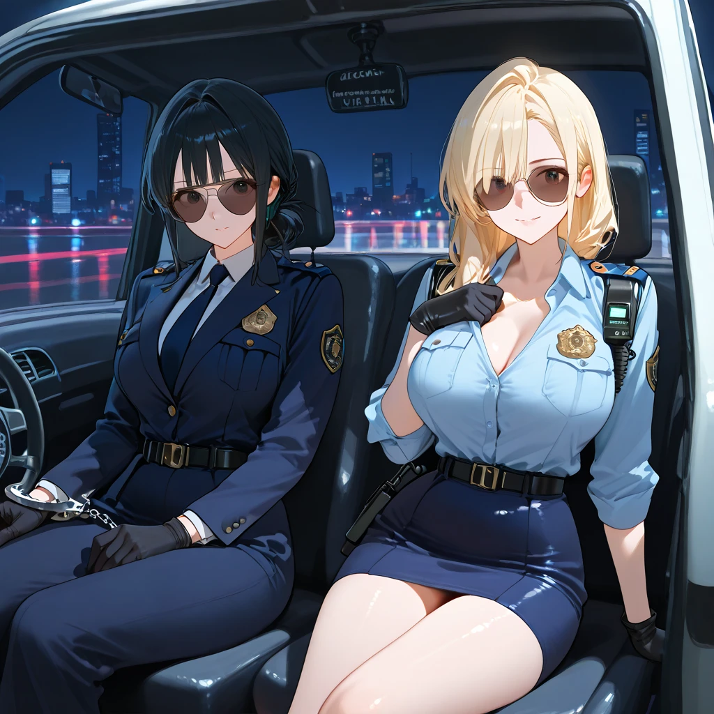 Create a 3D masterpiece packed with rich details. beautiful smile, female police officer, long-haired, wearing costume mini skirt open jacket without bra, topless, beautiful breasts showing , sitting on a bus. 4K, surreal, realisitic
