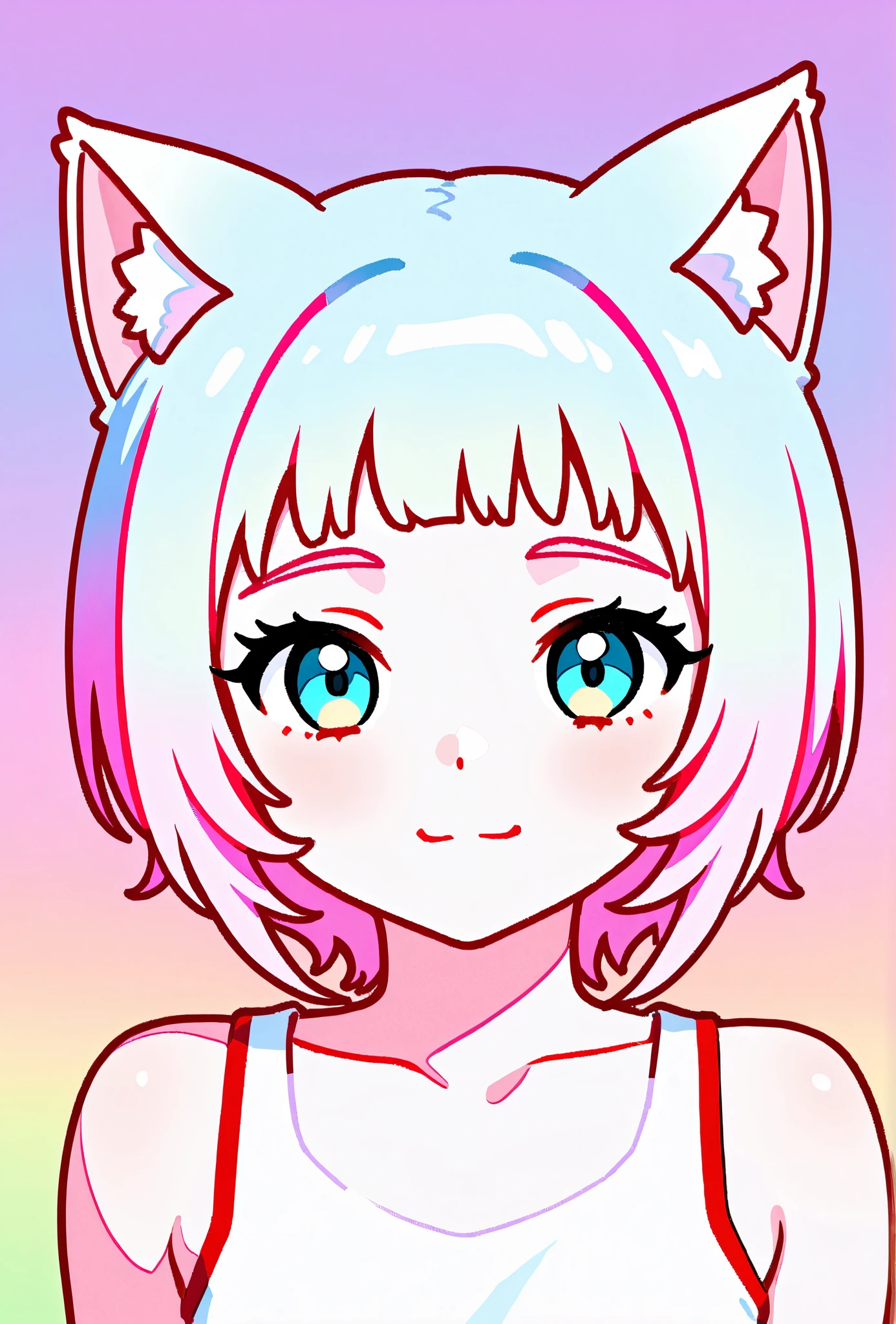 random hot and busty korean catgirl, cat ears, pastel color palette, no background, pastel background, colorful background,