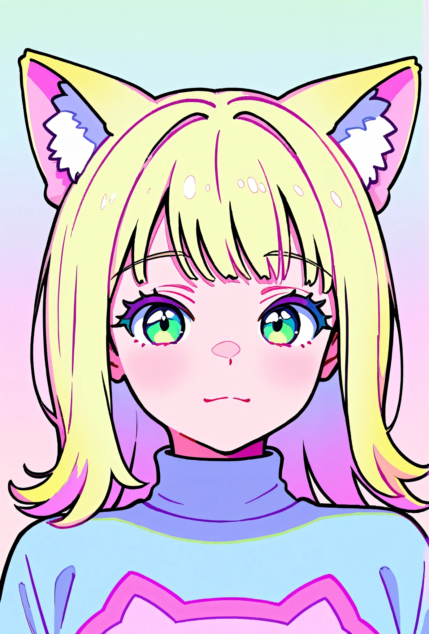 random hot and busty korean catgirl, cat ears, pastel color palette, no background, pastel background, colorful background, 