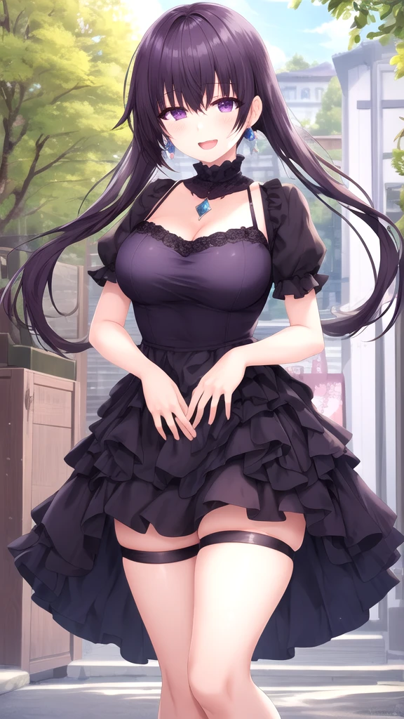 masterpiece, best quality,midriff,satin dress,short shorts, thighhighs,twin tails,(purple hair:1.3),(large breasts:1.4),absurdly long hair,street,city,heavy blush,closed mouth,happy,choker,blue eyes,blue eyes,zumi,looking at viewer,large hoop earrings