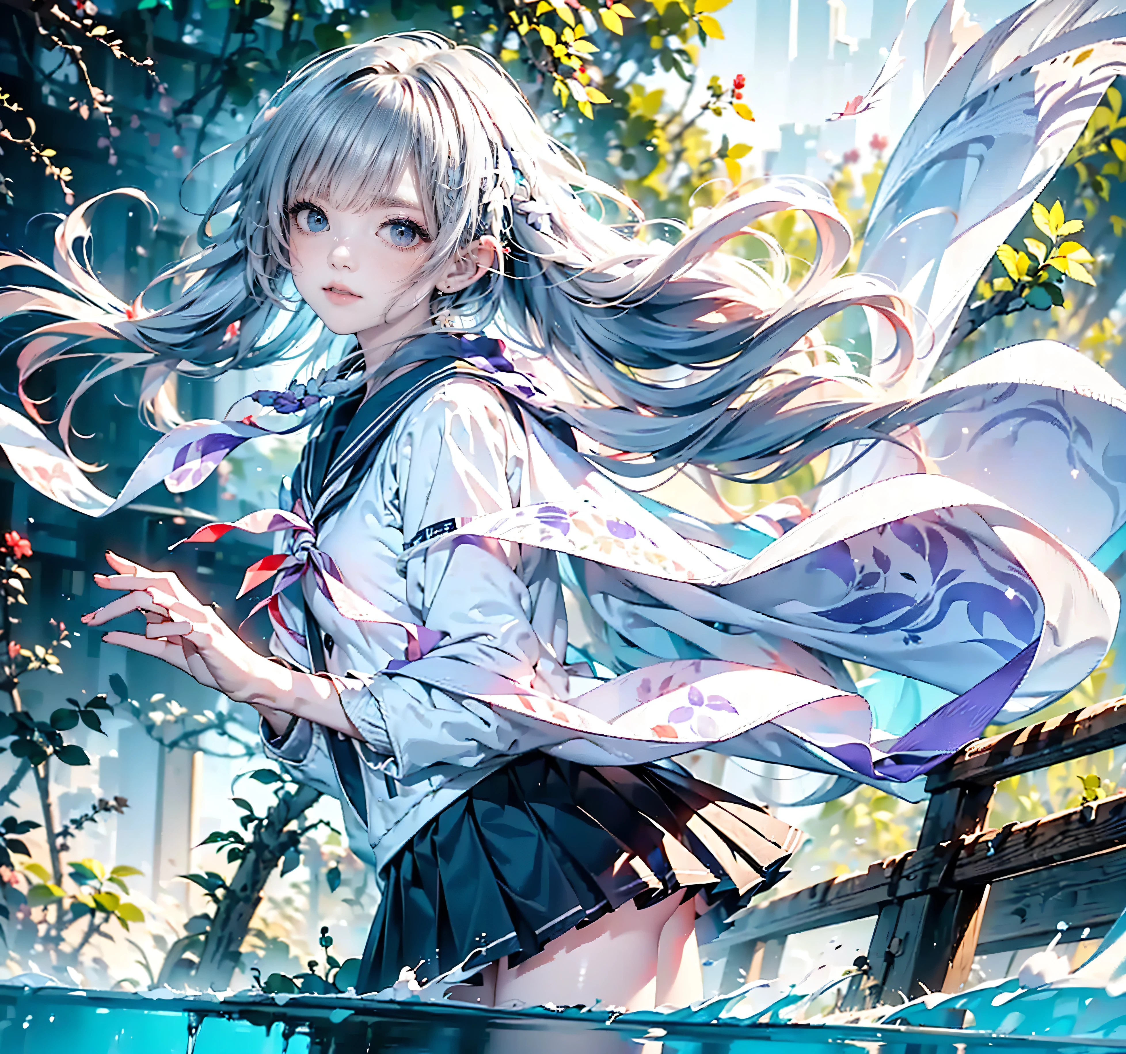 Top quality, high resolution, (High quality: 1.4), masterpiece, detailed background, realistic, RAW photo, ((Odd-eyed high school girl)), ((Heterochromia, red eyes, green eyes)), ((Sparkling and detailed eyes)), ((Long silver and purple hair)), translucent smooth white skin, shiny skin, small chest, ((Several people wearing dark blue long-sleeved sailor uniforms, floating in the river with long white scarves tied in their hands)), ((Many white scarves tied together, long)), ((Floating from a high place towards the river)), wearing a dark blue pleated skirt, many scarves tied together in long strings, anatomically accurate depiction, delicate depiction even down to the fingertips, faint sunlight, old-fashioned landscape