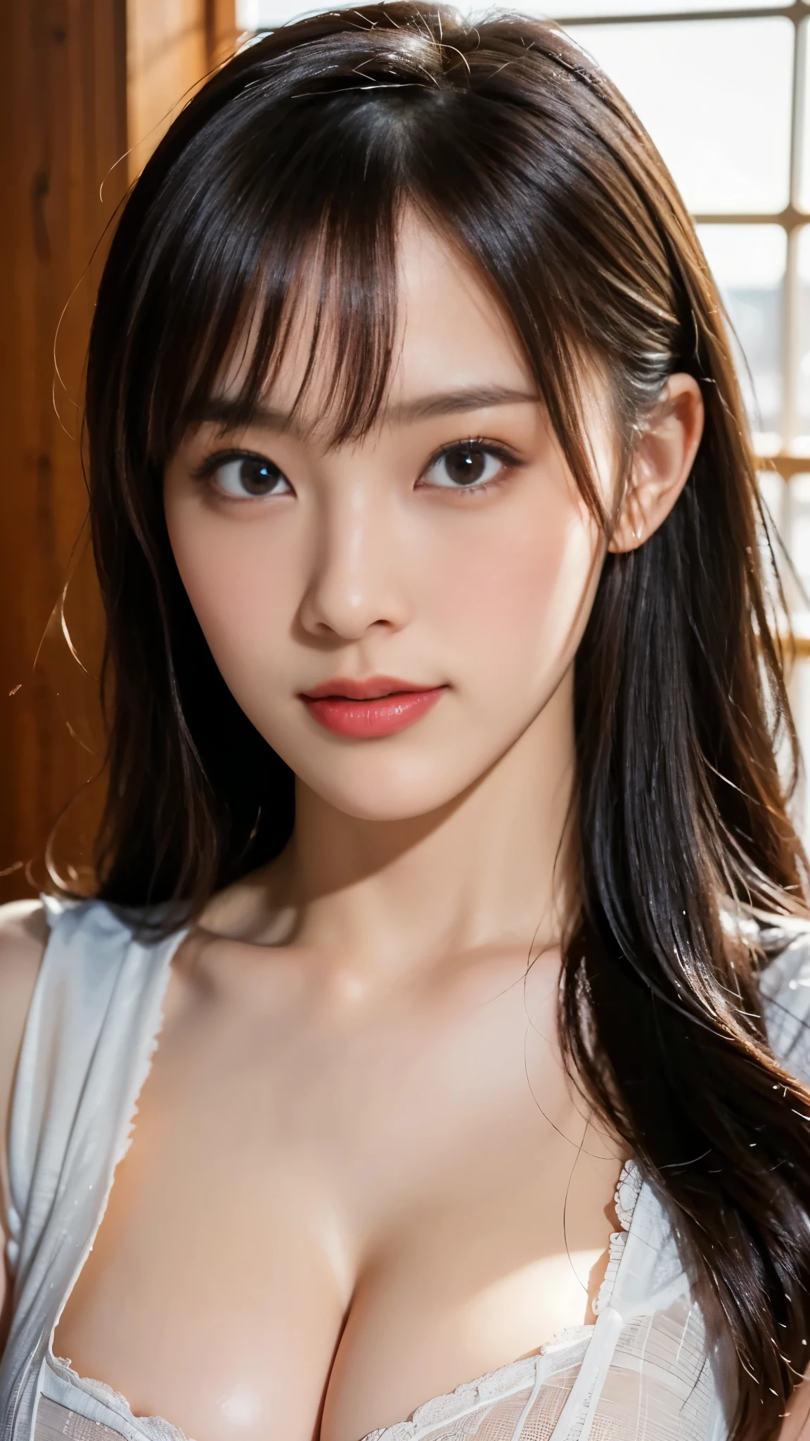 masterpiece, best picture quality, high quality, beautiful girl, Japanese, Japanese school girl, detailed, detailed eyes, detailed skin, beautiful skin, ultra high resolution, (reality: 1.4), very beautiful, slightly younger face, beautiful skin, slender, (ultra realistic), (illustration), (high resolution), (8K), (highly detailed), (best illustration), (beautifully detailed eyes), (super detailed), (wallpaper), (detailed face), looking at viewer, fine details, detailed face, smiling, looking straight ahead, angle from waist up, realistic photo, bright lighting, professional lighting, long hair, mature woman, long stylish bangs, bedroom,sexy nude,