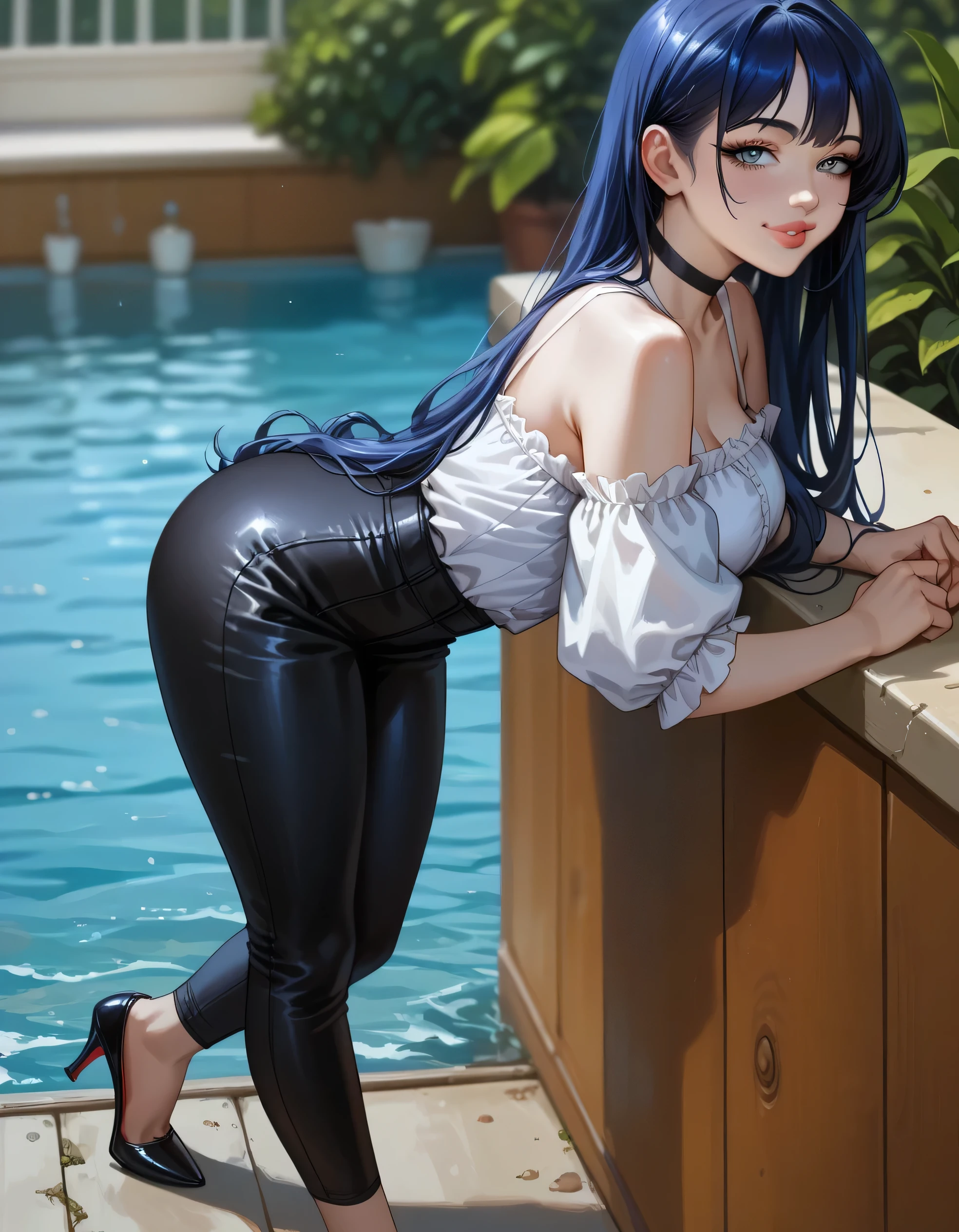 score_9, score_8_up, score_7_up, (1girl, solo:1.2), beautiful woman, very sexy (Yamada_Anna, Dark Blue Hair, long hair), wearing (black leather pants, tight pants, shiny pants:1.2), (white blouse, tucked in:1.3), bare arms, bare shoulders, narrow waist, long legs, (heels:1.1), filled lips, thick lips, (black choker:1.1), (sexy pose, bent over:1.2), model shoot, (Venice balcony:1.1), detailed eyes, eyes half closed, detailed face, flirt, naughty smile, shallow depth of field, lowlight, perfect hands, perfect anatomy, (side view:1.3), (high angle, shot from above:1.2).
