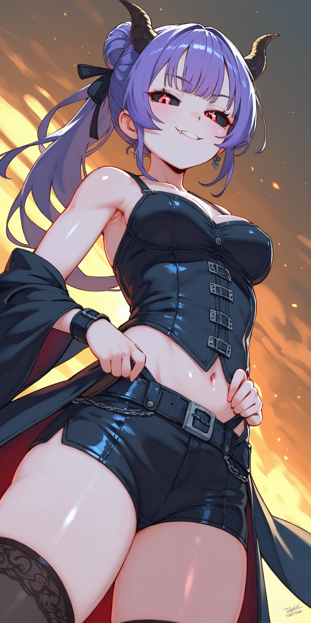 ultra detailed, anime girl, full-body portrait, leather armor, half-elf, raven black fauxhawk hairstyle with shaved sides, heavily freckled face, nose ring, dark red eyeshadow, single slashing scar across left cheek, opal colored eyes, coy smile, faded black and white neck tattoo of a beholder from dungeons & dragons