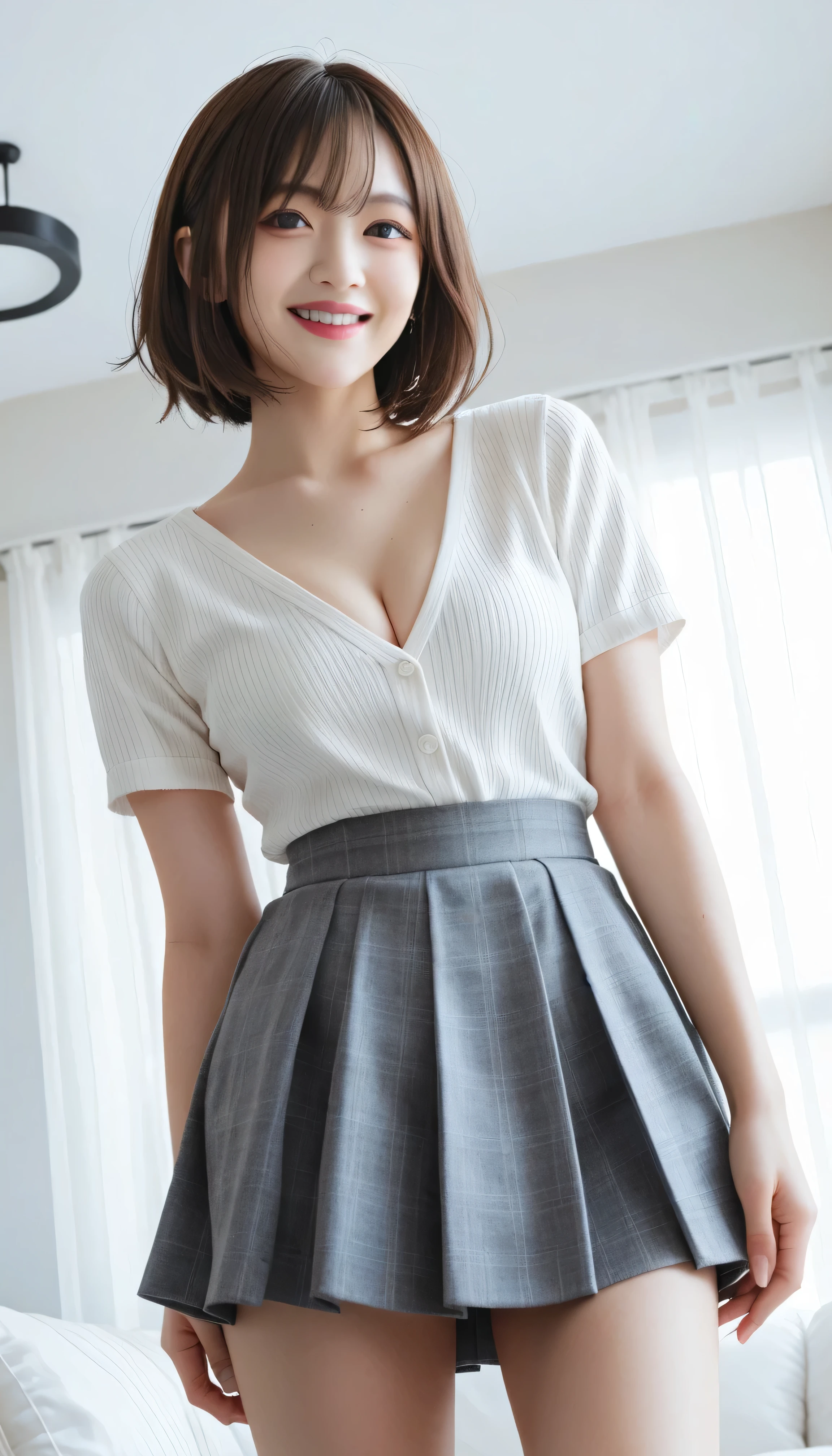 a beautiful, smiling woman, wearing a sailor suit with a pleated micro skirt, Japanese lolita style, cleavage, fair skin, short hair, medium breasts, in an old school live room, small and thin, (best quality, 4k, 8k , high resolution, masterpiece : 1.2), ultra-detailed, (realistic, photorealistic, photorealistic: 1.37), highly detailed anime girl, incredibly detailed portrait, exquisite details, delicate facial features, perfectly shaded and textured, cinematic lighting , vibrant colors, soft pastel colors, natural skin tones, elegant school uniform, pleated skirt, lace trim, intricate embroidery, photographic