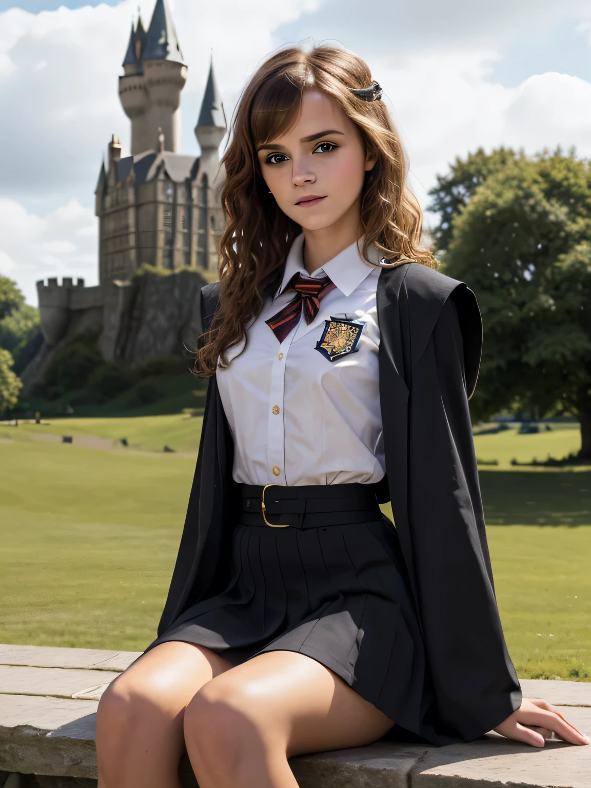 Gorgeous european woman with curly hair, bushy hair with bangs, thick hair, shoulder length hair, shiny hair, streaked blonde hair, skinny, thin waist, Emma Watson in cute clothes, small breasts, (wearing a a long black traveling cloke over a school uniform), (sitting on a stone bench), (British castle background, Hogwarts Castle), (extremely detailed 8k wallpaper)