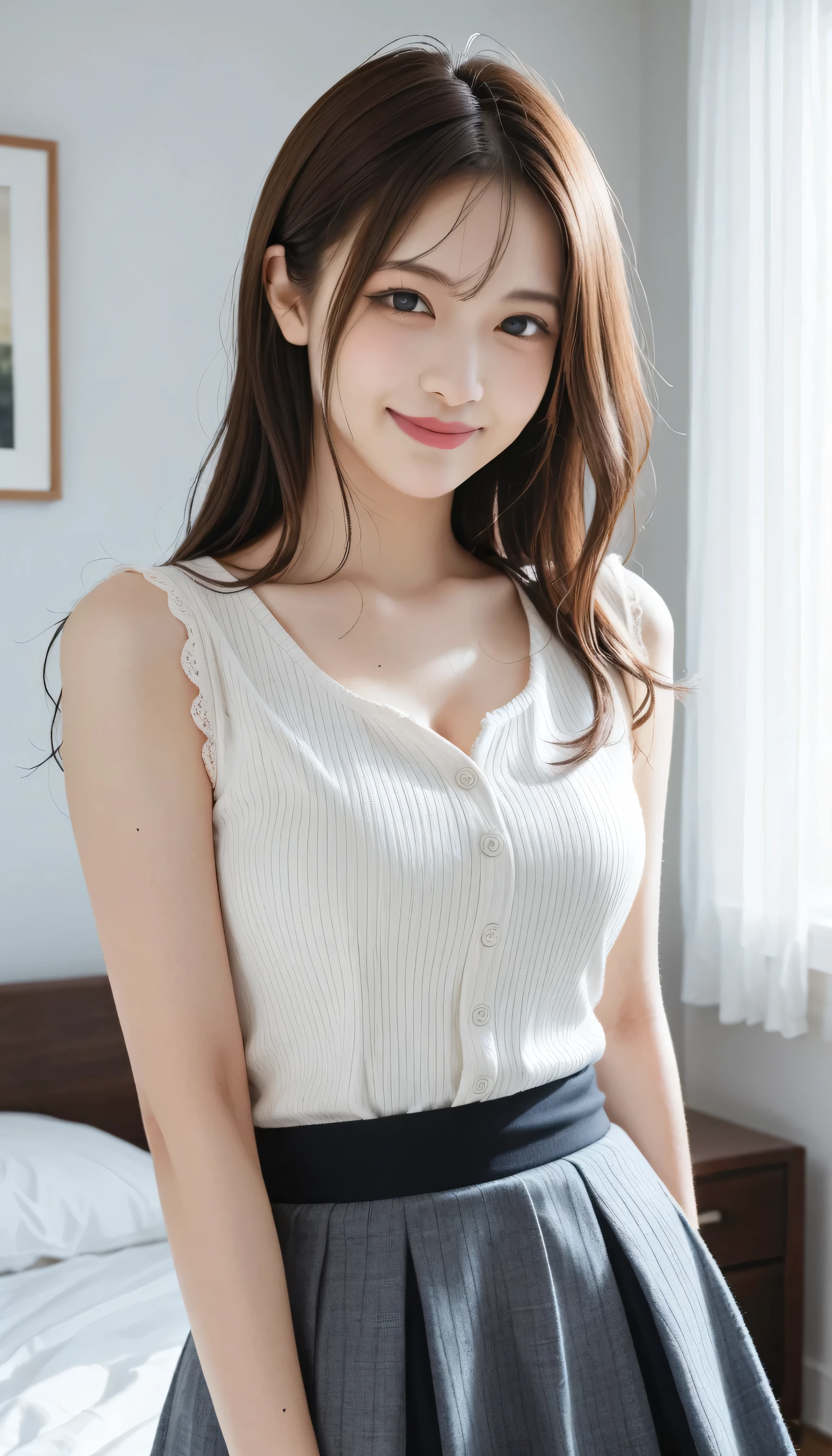core_9, score_8_up, score_7_up, score_6_up , masterpiece, top quality, (rating_explicit:1.7), source_photograph, (sharp focus), dramatic shadow, raw lighting, IGMODEL , 1 girl, 20 years old, cute, elegant, realistic blue-gray eyes, droopy eyes , half Japanese, half French beauty , silky skin, skin texture style, realism, balanced face shape, natural makeup , long dark brown hair, slightly wavy long dark brown hair, slightly wavy, silky texture, natural wet look shining hair, (big : 1.6), , cleavage, breast focus, stoop, dynamic pose, , soft pink lips, shirt, mini skirt, relaxed and smug smile, random bedroom situation,