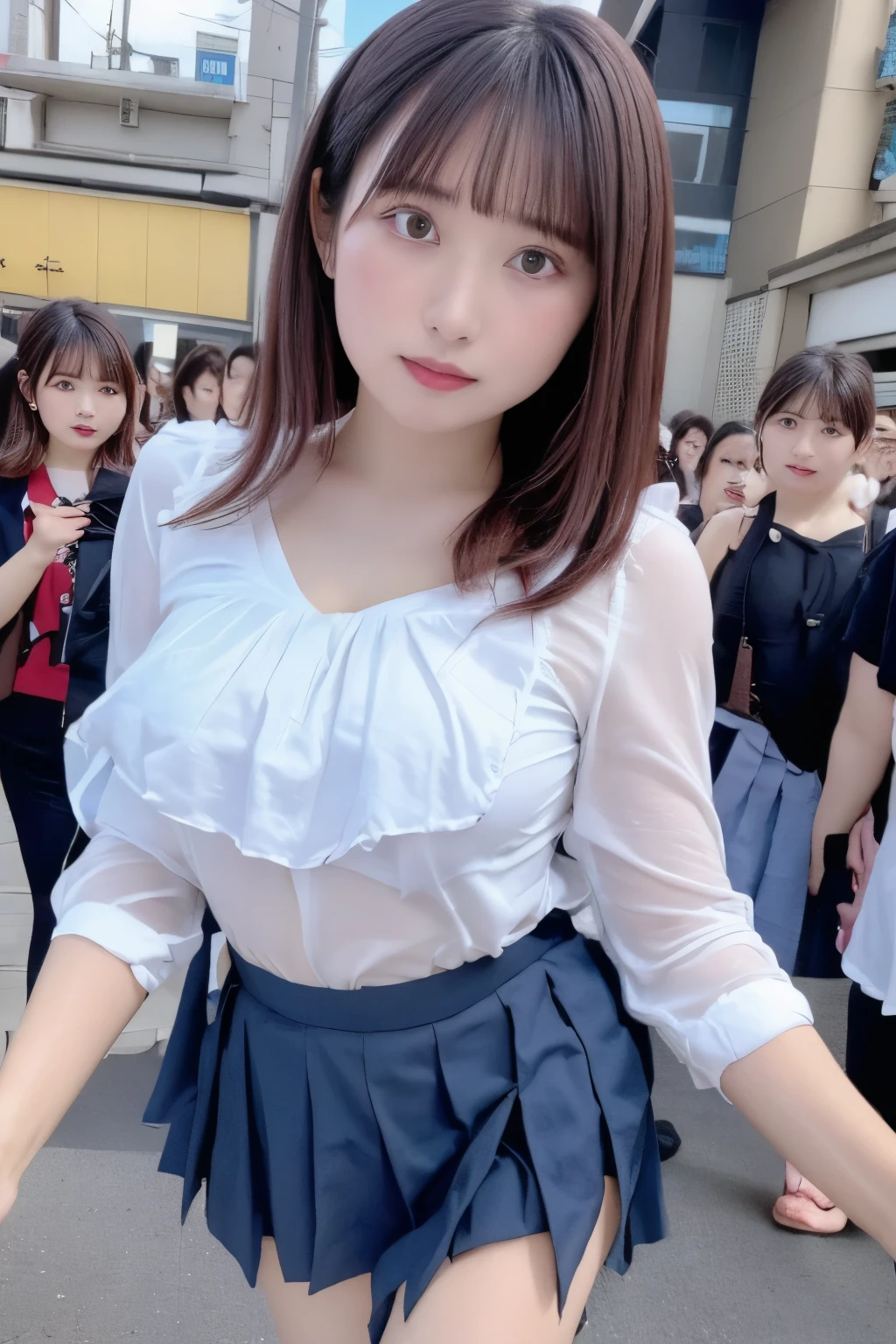Highly detailed CG Unity 8k wallpaper、Highest quality、Ultra-detailed、masterpiece、Realistic、Photo realistic、Highly detailed cute girl、20-year-old、((Roll up the skirt yourself)))、(Lift it yourself)、Wearing panties、Panty Focus、blush、Lips parted、Looking at the audience、Underarm, Semi Body Shot、(A large number of people)、(On the streets of Tokyo)、(((Show your pubic area excitedly )))