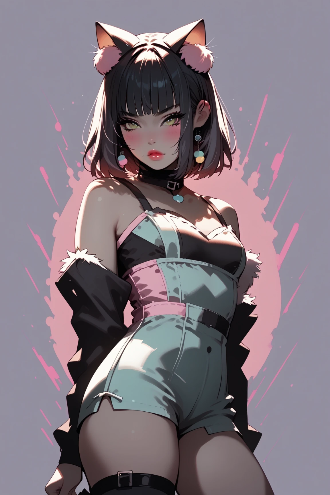 ((Sketch)), ((Watercolor)), ((best quality)), ((masterpiece)), (detailed), 4k image, anime style, beautiful young girl, tanned white skin, oval shaped face, cherry pink lips, big round velvet colored eyes, C-cup breasts, slender and thin body, full oversized hoodie reaching thighs(one color), waist band shorts, Sleek dark violet purple-black hair in a Pixie cut hairstyle, small narrow waist, small but full curvy hips, height of about 170cm