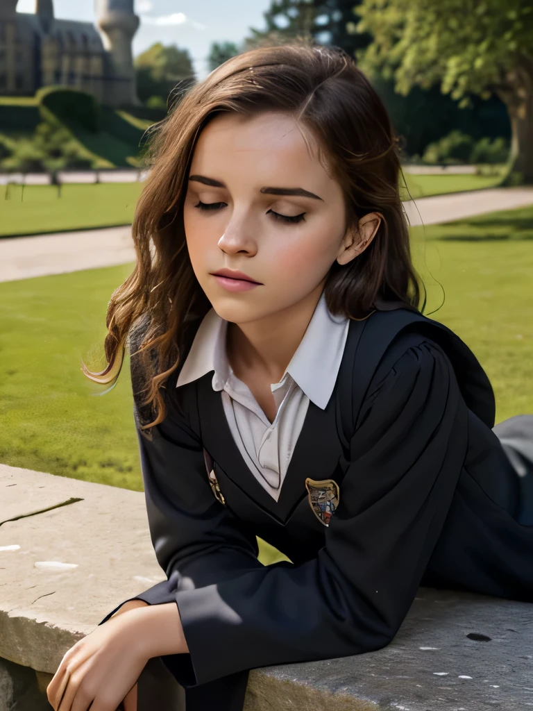 Gorgeous european woman with curly hair, bushy hair with bangs, thick hair, shoulder length hair, shiny hair, streaked blonde hair, skinny, thin waist, Emma Watson in cute clothes, small breasts, (wearing a a long black traveling cloke over a school uniform), (lying face down on a Stone bench, chest squished down, leaning forward, sleepy expression, Half-Lidded eyes, glossy lips:1.2), in the middle of a courtyard, (British castle background, Hogwarts Castle), (extremely detailed 8k wallpaper)