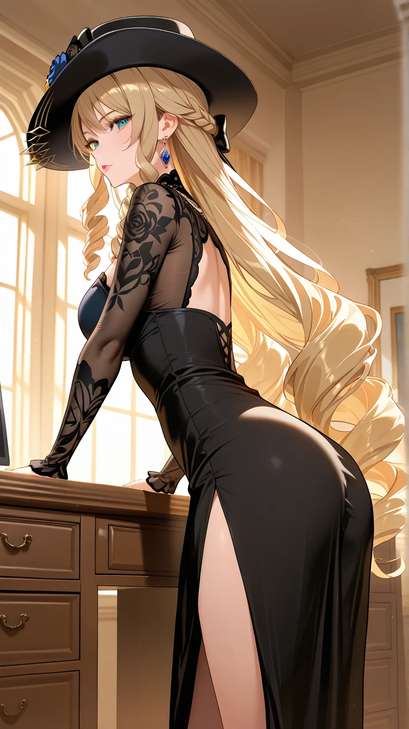 Realistic image, detailed image, coherent image. 1 beautiful girl. She has long, straight hair with braids, blonde in color. Blue eyes, with long eyelashes. Sensual expression. She is dressed in a strapless top, pleated mini skirt. She has a curvy body, medium breasts, thick thighs. She is lying down showing her legs open. showing her feet, throne room, inside a castle. View from behind. Arching her back. Soft focus, Dramatic shadows, Volumetric lighting, natural lighting. ISO:100,