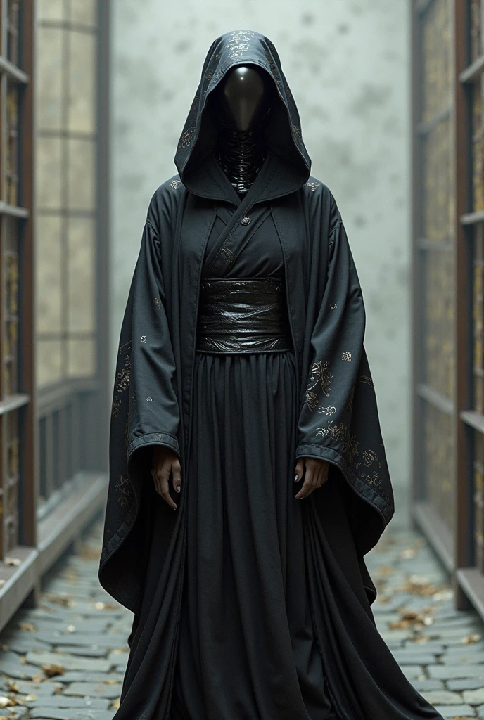 Create a hyper-realistic image of a Shadow Oni, a demon emerging from human shadows, depicted from head to toe. The oni is wearing a dark, tattered kimono and standing in a bizarre, unsettling posture. The background should resemble settings commonly used in horror movies, such as a dark, abandoned shrine or a misty forest with eerie lighting. The scene should be as detailed as possible, creating a live-action effect with a Japanese horror movie aesthetic."