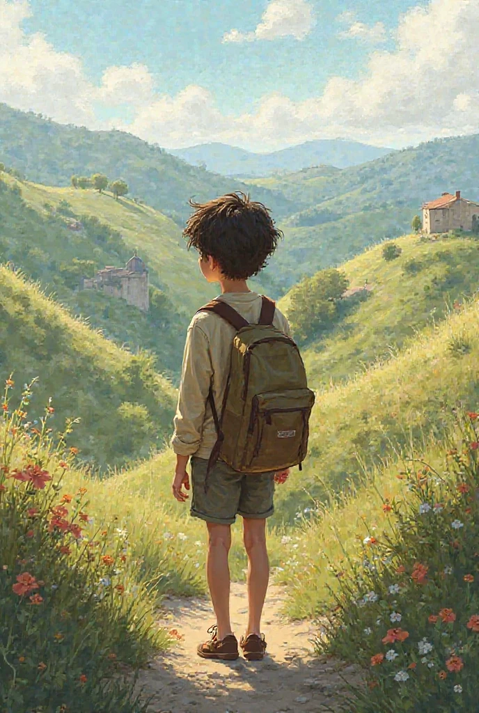masterpiece, best quality, picture book illustration, a boy look up the sky, daylight, neighborhood park as background, wide view, pastel watermark style,