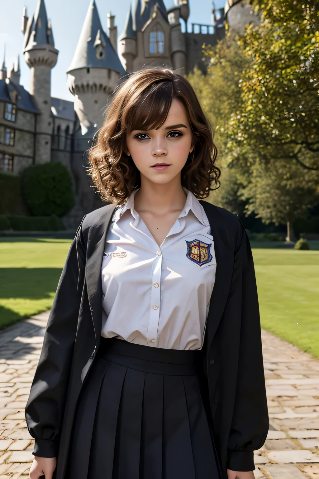 Gorgeous european woman with curly hair, bushy hair with bangs, thick hair, shoulder length hair, shiny hair, streaked blonde hair, skinny, thin waist, Emma Watson in cute clothes, small breasts, (wearing a a long black traveling cloke over a school uniform), (glossy lips), in the middle of a courtyard, (British castle background, Hogwarts Castle), (extremely detailed 8k wallpaper)