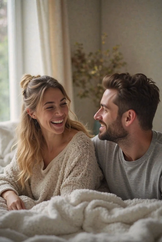 Realistic photo of a selfie in front of a mirror sitting in a bed of a blonde model, 19 years old. She takes a selfie with her boyfriend. The two are holding each other. The boy is wearing a gray T-shirt and navy blue jeans. The girl is wearing a white sweater and blue jeans.