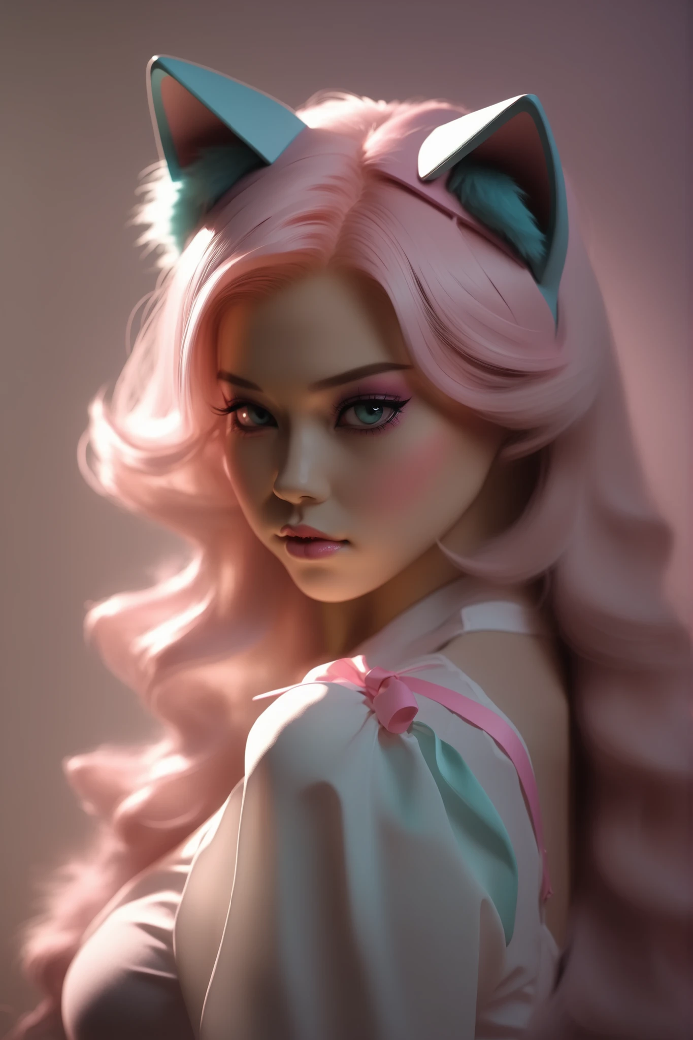 random hot and busty korean catgirl, cat ears, pastel color palette, no background, pastel background, colorful background,