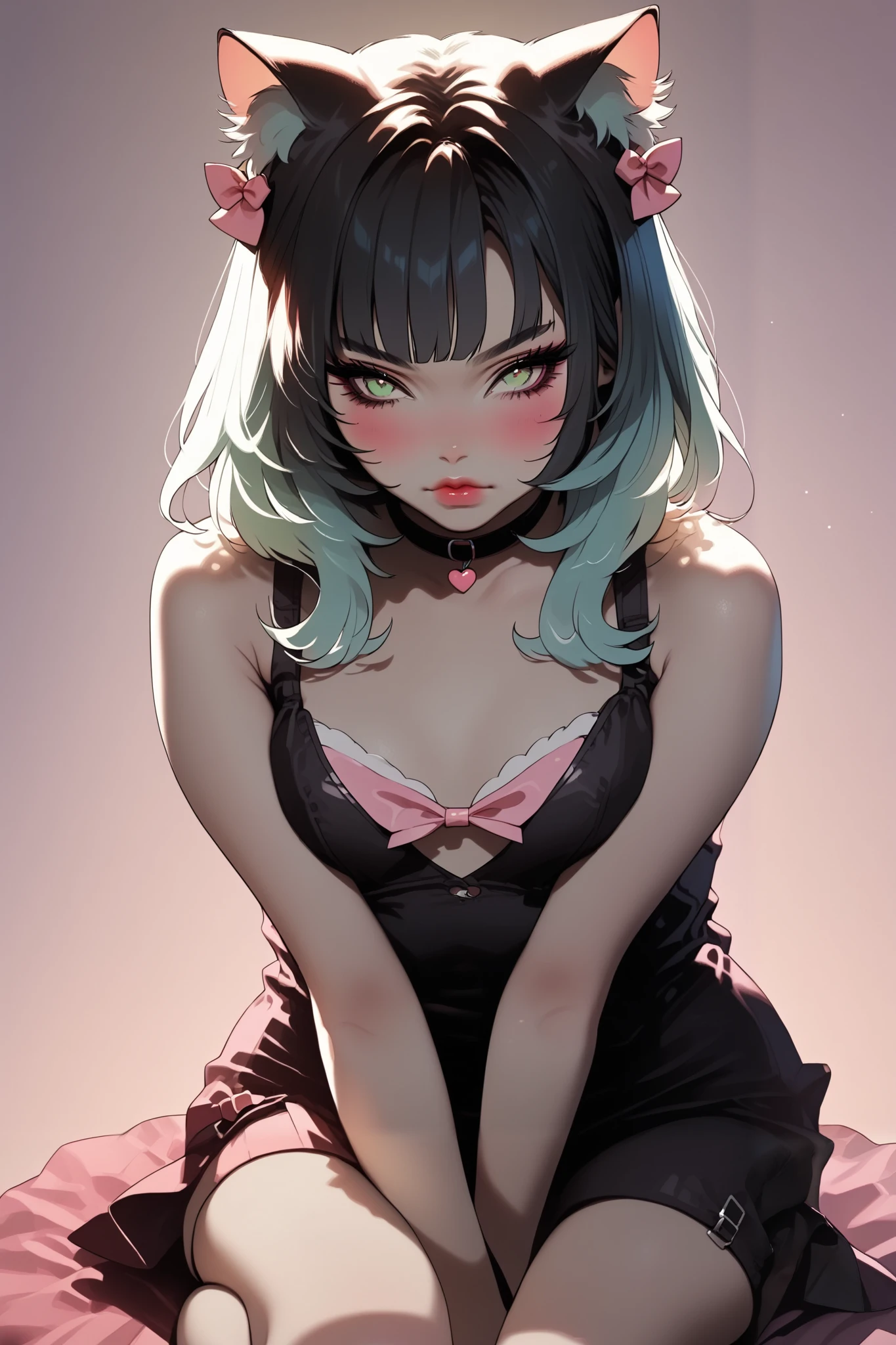 random hot and busty korean catgirl, cat ears, pastel color palette, no background, pastel background, colorful background,