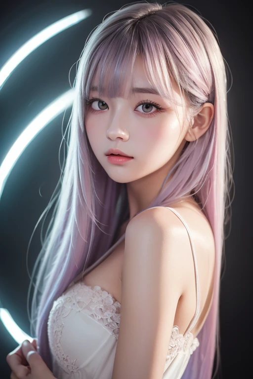 (logo、masterpiece、8k、Tabletop、RAW Photos、wonderful、最high quality、フォトリアリスティックでVery detailedな CG 複合 8k 壁紙、high quality、Very detailed、Narrative poem、Particle Effects、Dynamic Effects、Depth of the Boundary、Cinematic Light、Lens flare、Ray Tracing)、 (A beautiful woman wearing a yukata、White yukata、light purple pattern)、Black-haired、High resolution skin、Very fine、Fine skin、Beautiful Face、True Face、Beautiful details in the eyes、Realistic eyes、Beautiful and detailed eyes、Realistic Skin、Beautiful Skin、Surreal、Smiling Eyes、Hair and Light eyes、Vivid、Colorful Lights and bokeh、plump lower lip、Pink Lips、Hair flutters in Wind、Hair bounces、wonderful景色、night、evening、Wind、moonLight、moonLight、Light、Very detailed,(Beautiful pink hair, Beautiful eyes, Long Hair, )Beautiful Face、Well-formed face、Well-balanced nose、Color your hair pink
