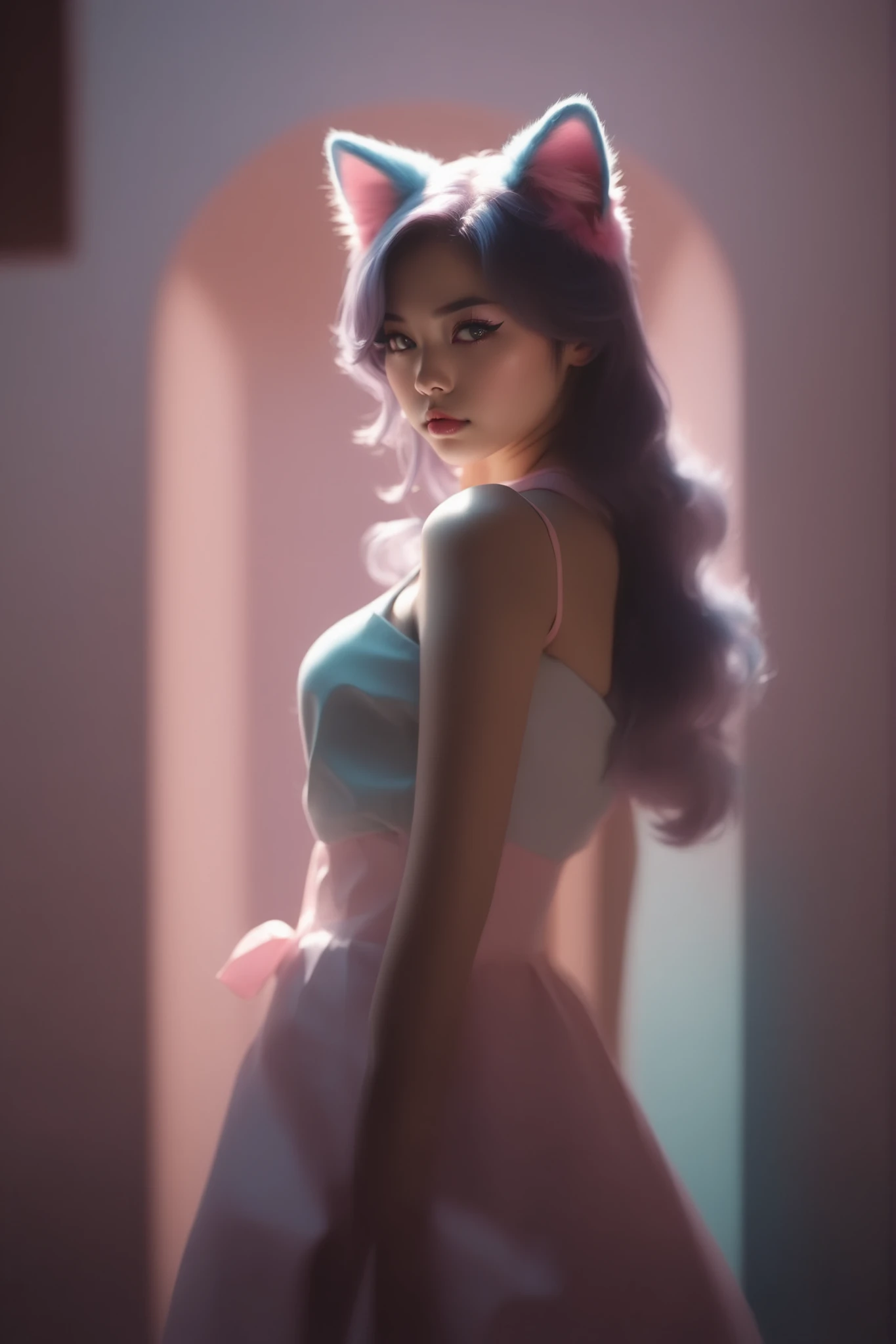 random hot and busty korean catgirl, cat ears, pastel color palette, no background, pastel background, colorful background,