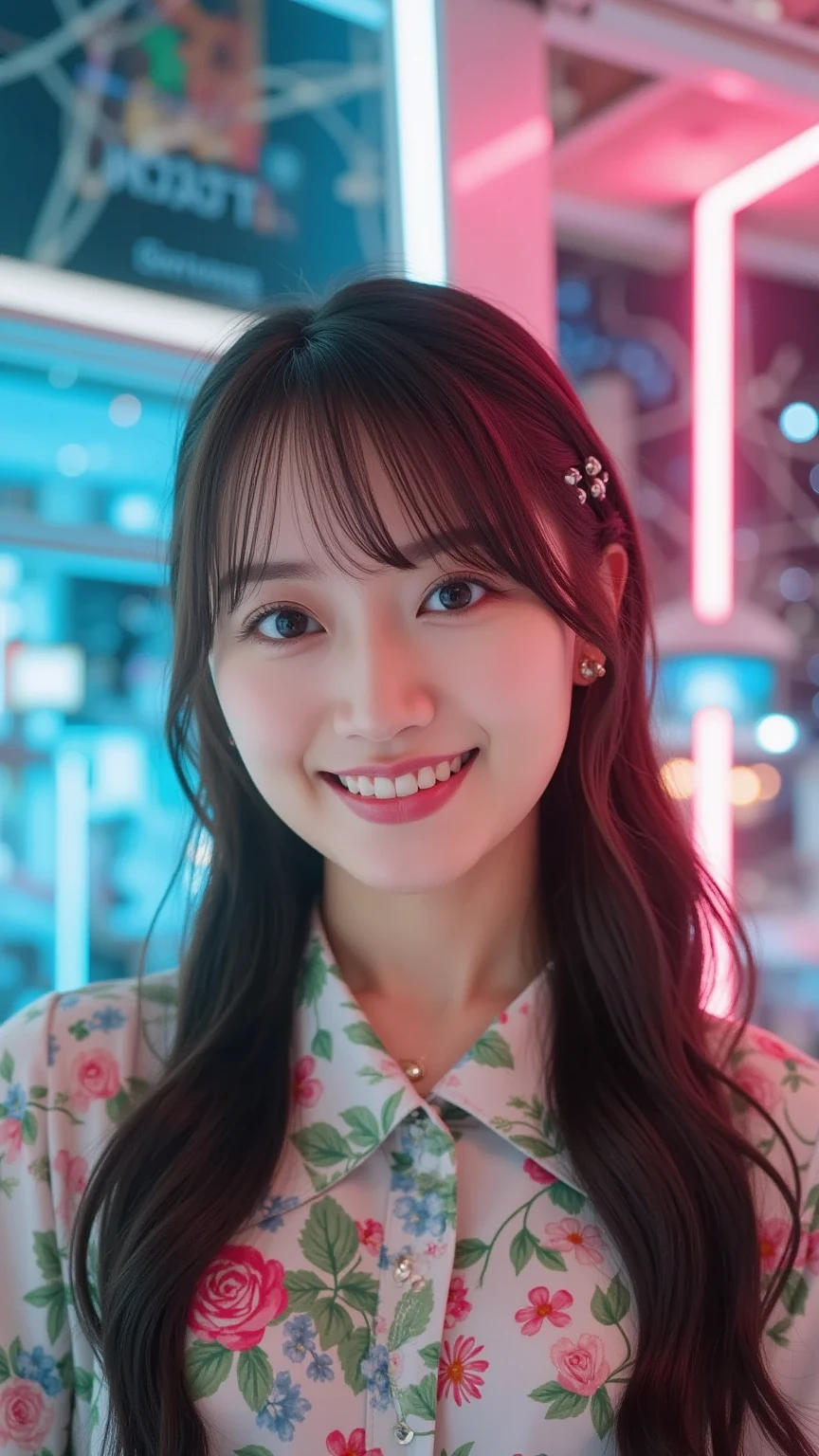 (8k, RAW Photos,Highest quality, High resolution:1.1), (Ultra-realistic:1.4),(Realistic, Realistic:1.3), big,Realistic Face,Realistic Body,Realistic Skin,masterpiece,(cute:1.8), Cuties, alone, (big:1.2), Fine black eyes,Innocent eyes,(T-Shirts:1.2 ),Cinema Lighting,Film Grain,jewelry,Earrings,((Medium Hair:1.1)),Cherry colored lips,Hair Ribbon,ponytail,close,Viewer,Long Hair,Upper Body,Open your lips,Upper teeth, (Smiling Eyes:0.6),((Grin:1.2)), Blurred Background, Eye focus , Bokeh,young, 85mm lens, young,Portraiture,Photon Mapping,Radio City,Physically Based Rendering,Asian,China dress